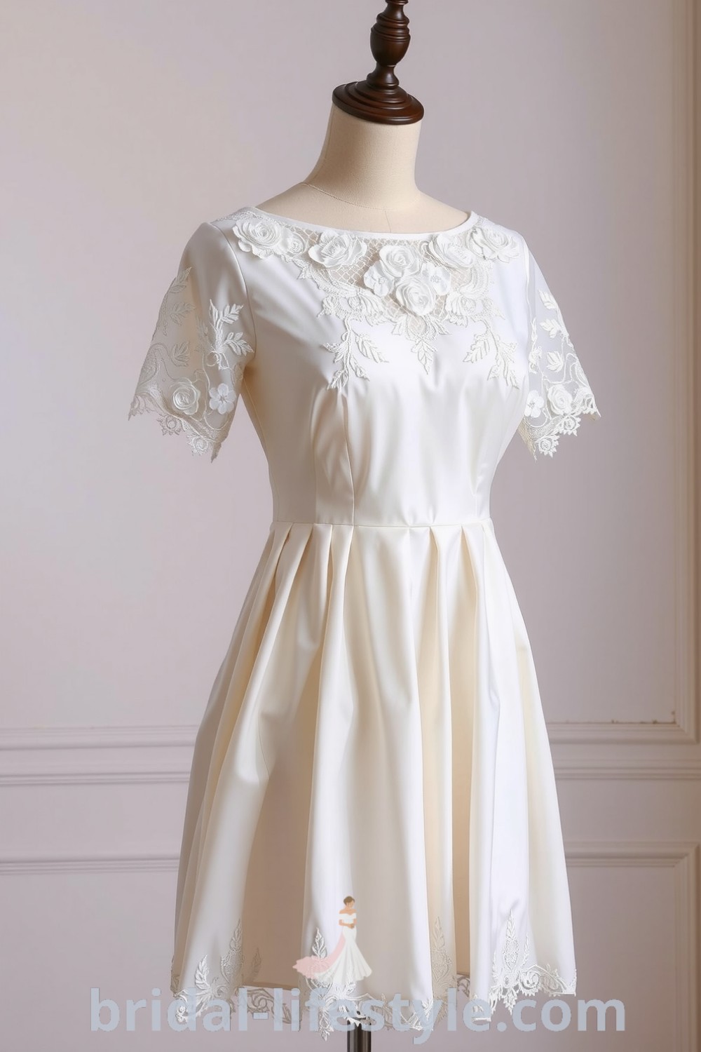 Charming vintage short wedding dress showcased on bridal-lifestyle.com, featuring delicate lace overlay, intricate floral appliqués, perfect for dreamy brides and aesthetic ideas for the special day.