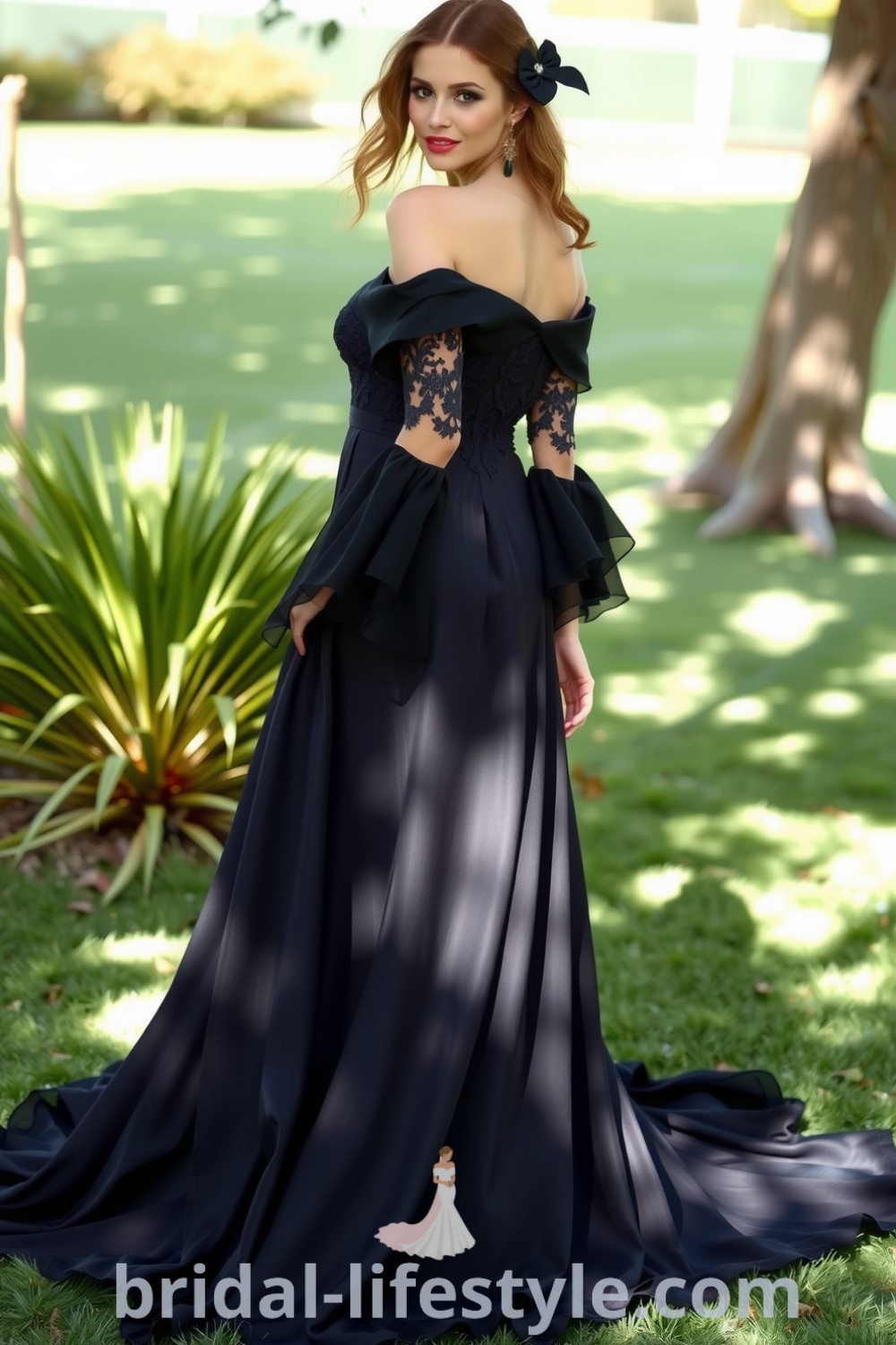 A beautiful boho black wedding dress featuring flowing satin fabric, off-the-shoulder lace appliqués, and a graceful tiered skirt, perfect for an outdoor ceremony. bridal-lifestyle.com