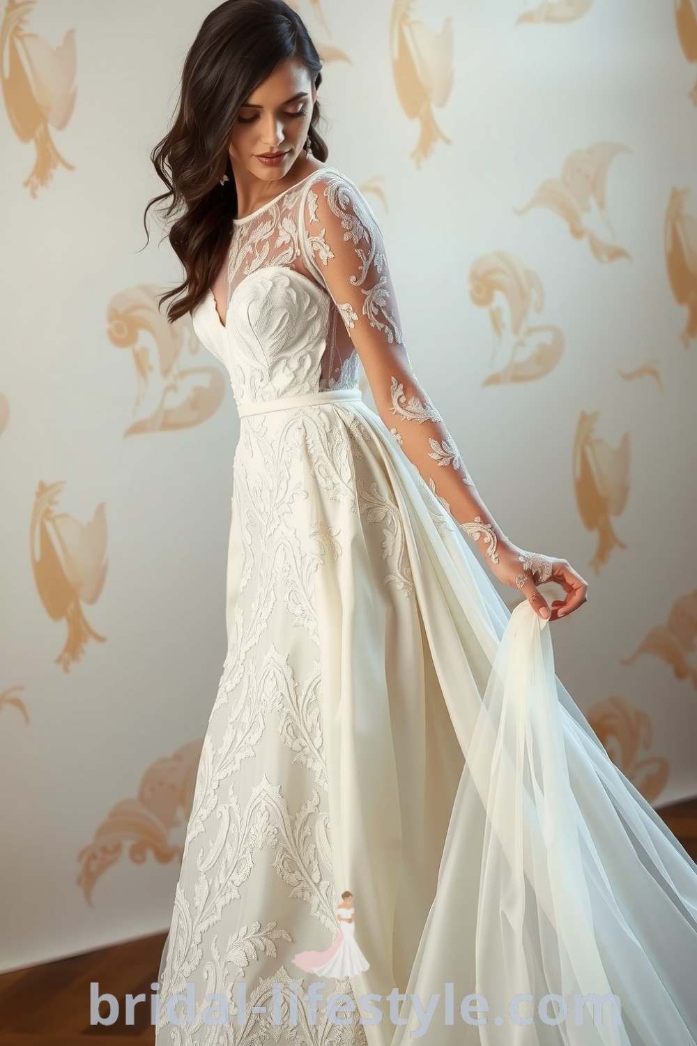 A vintage lace wedding dress with a fitted bodice, intricate detailing, a full sweeping skirt, and ethereal sheer sleeves, designed for timeless elegance. bridal-lifestyle.com
