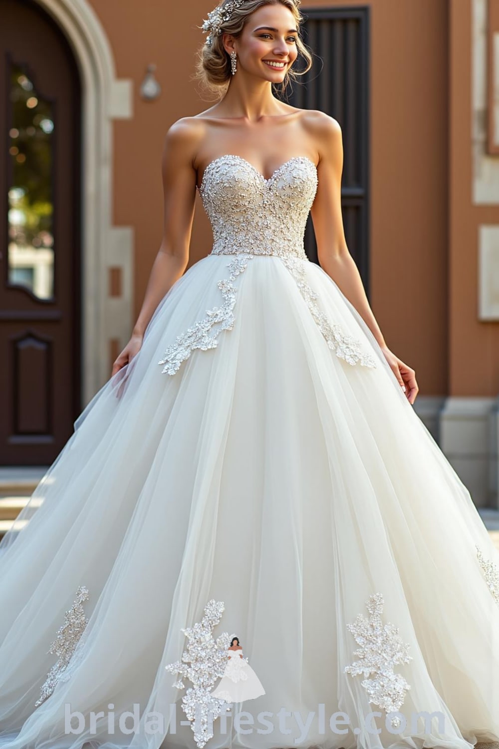 A stunning Princess Glitter wedding dress with a fitted bodice adorned with intricate beadwork and a voluminous tulle skirt that cascades to the floor, featuring glitter accents. bridal-lifestyle.com