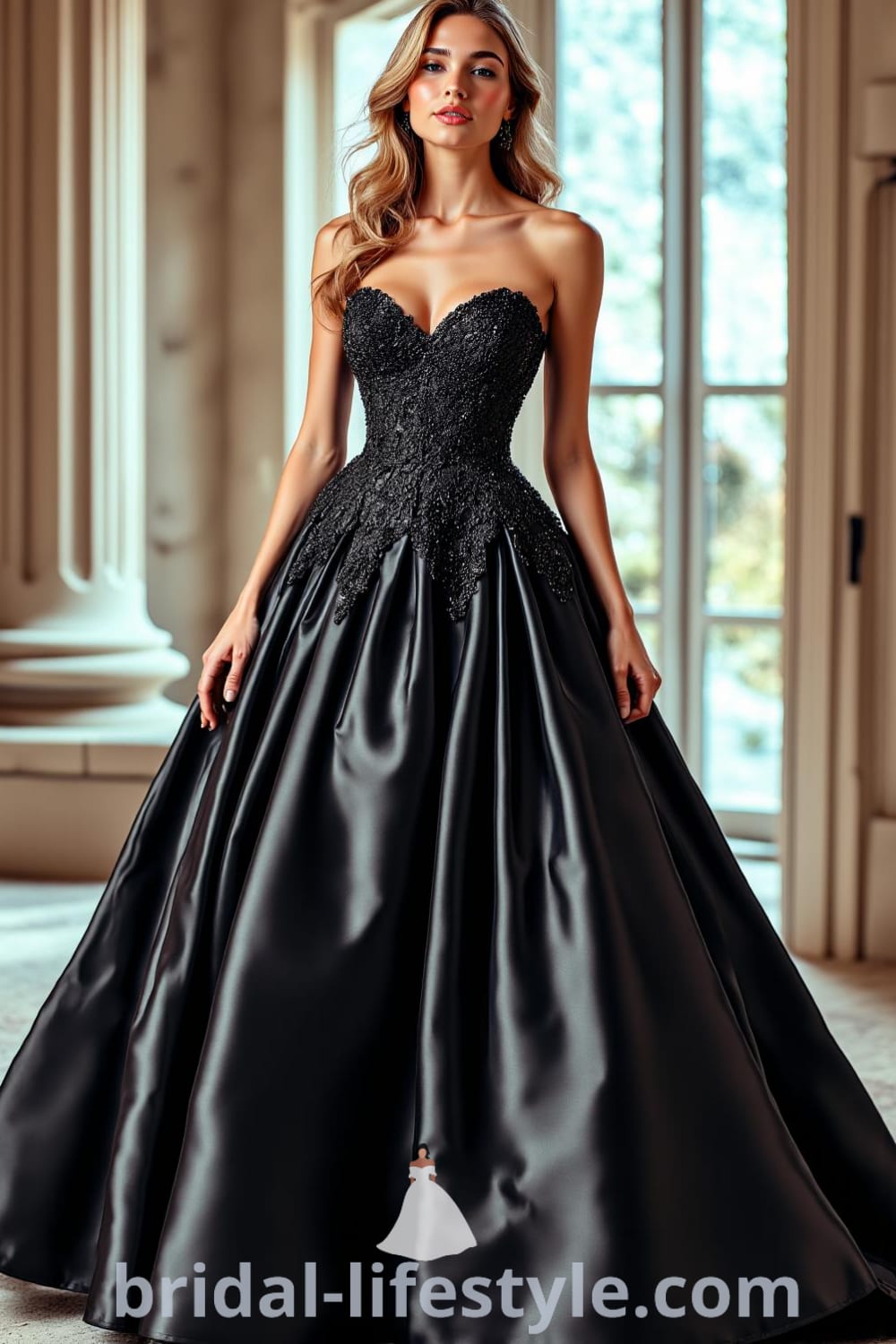 Stunning elegant black wedding dress made of luxurious satin with lace detailing, fitted bodice, sweetheart neckline, and voluminous skirt lined with tulle underskirt. bridal-lifestyle.com