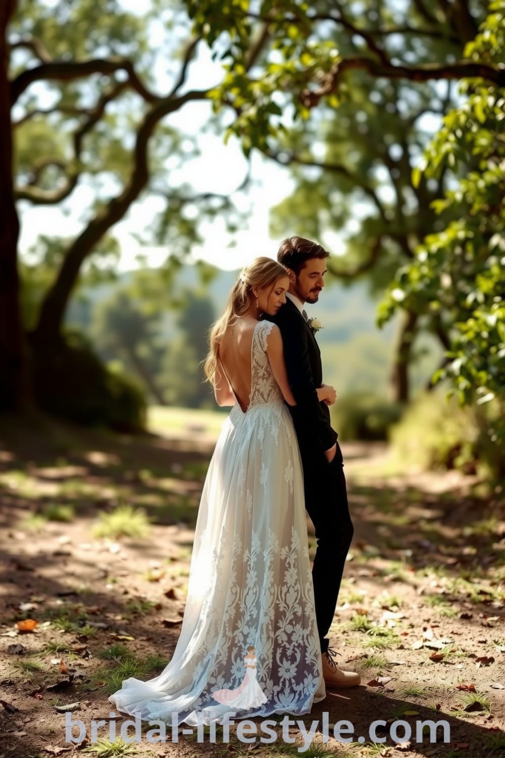 Boho long sleeve wedding dress with floral lace, A-line silhouette, and a keyhole back, designed for a romantic outdoor wedding. bridal-lifestyle.com