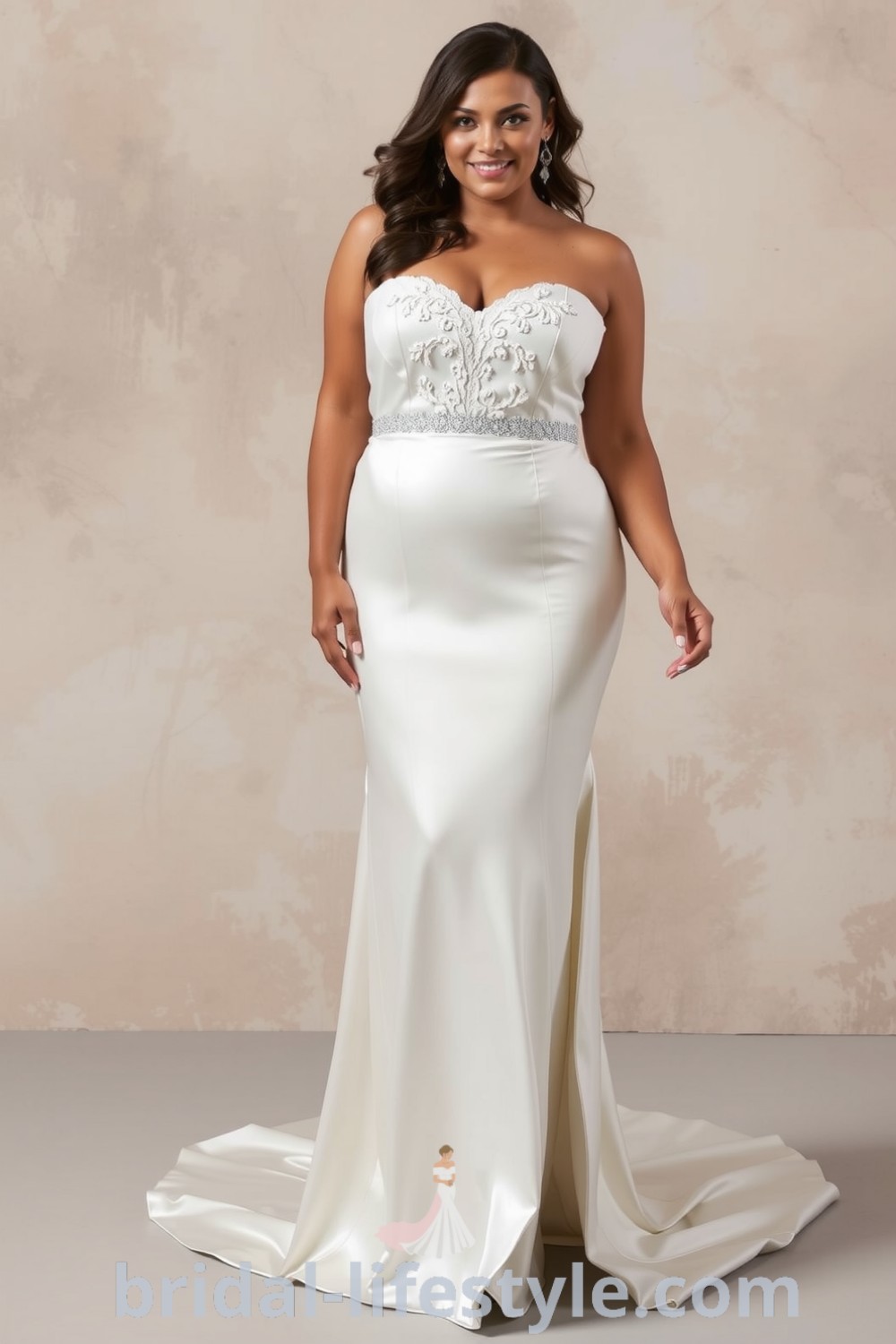 A stunning fit and flare wedding dress for plus-size brides, featuring a luxurious satin fabric, figure-hugging silhouette, and intricate lace appliqués on the bodice. bridal-lifestyle.com