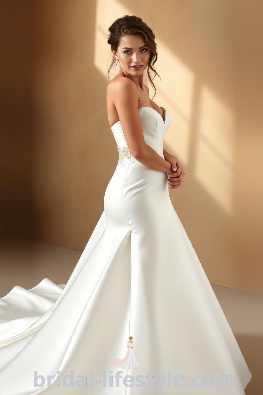 Elegant satin wedding dress with fit and flare silhouette, sweetheart neckline, and lace appliqués for a romantic touch, perfect for dreamy brides. bridal-lifestyle.com