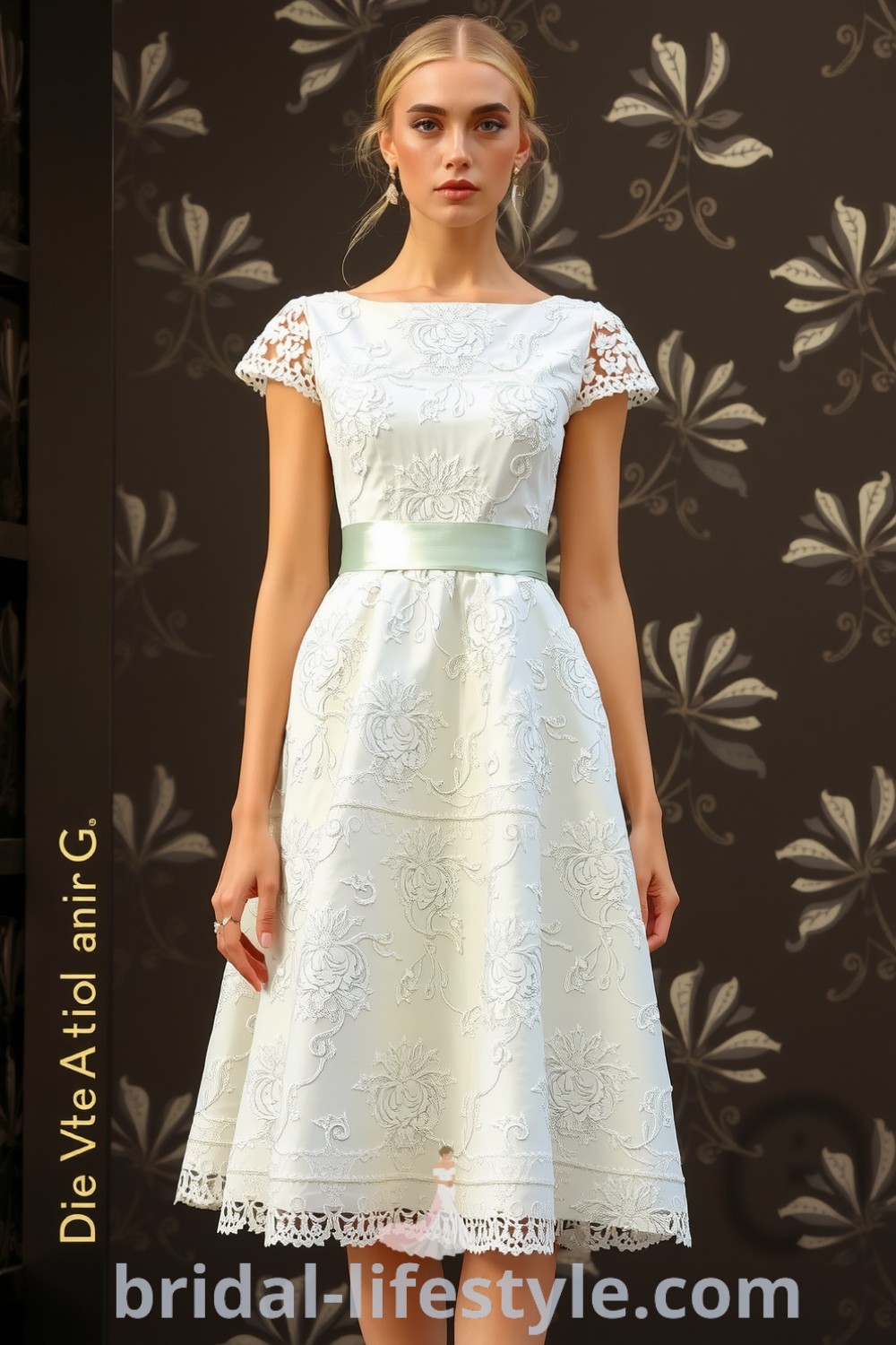 Chic midi wedding dress in soft lace with intricate floral patterns, A-line silhouette, delicate cap sleeves, and satin waistband, ideal for a sophisticated urban wedding. bridal-lifestyle.com