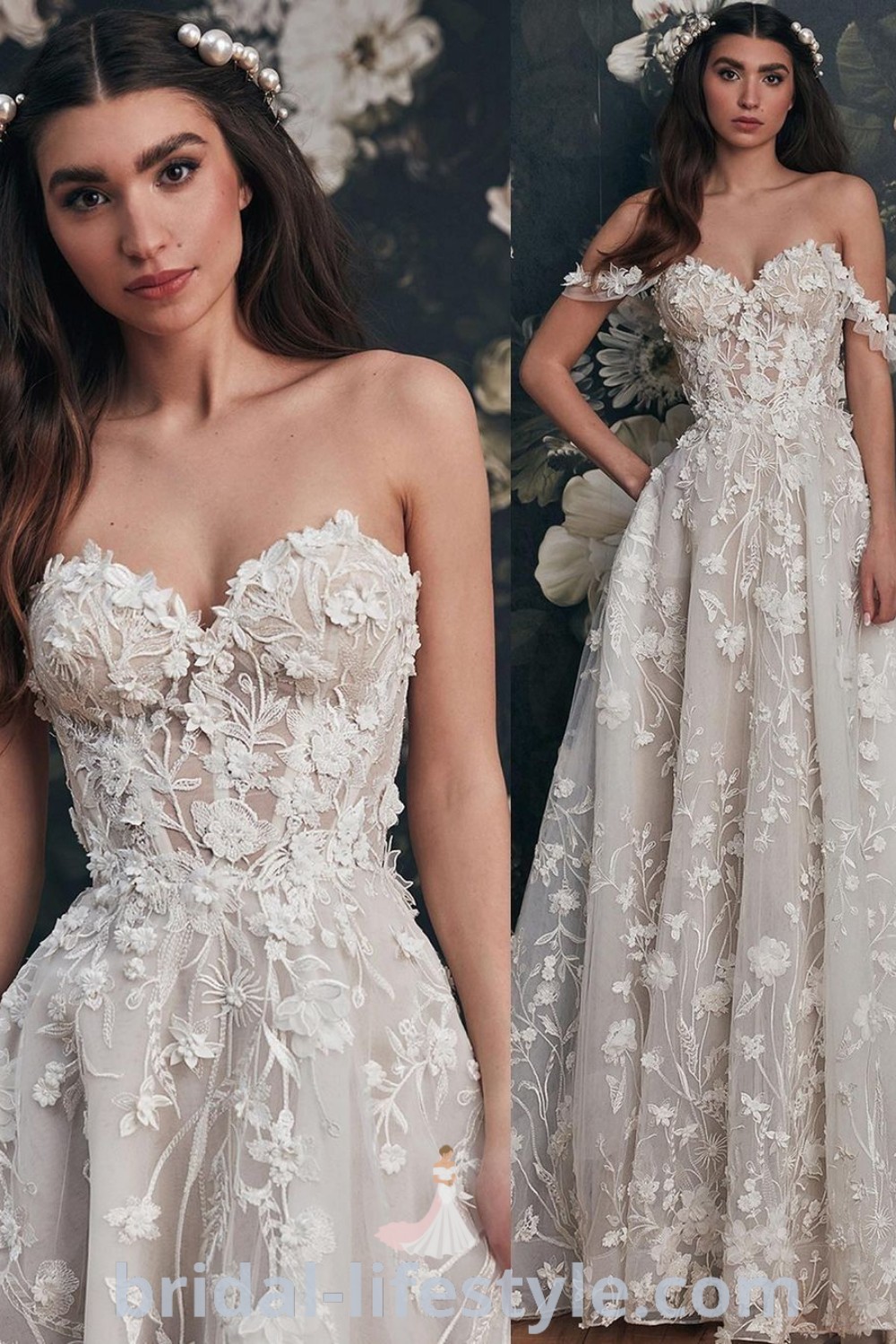 A whimsical wedding dress with floral details, featuring 3D flowers and a fitted silhouette, ideal for romantic brides seeking elegant aesthetic ideas. Discover wedding trends and inspiration looks for your special day at bridal-lifestyle.com.