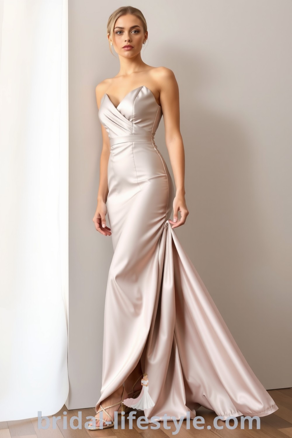 Elegant long satin bridesmaid dress showcased on bridal-lifestyle.com, featuring a chic silhouette and side slit, ideal for inspiring dresses of your dream and romantic looks for the special day.