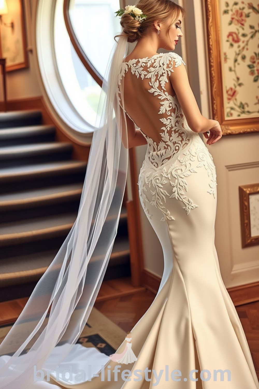 Mermaid wedding dress adorned with layered lace, featuring an open back and soft satin underneath, ideal for romantic celebrations. bridal-lifestyle.com