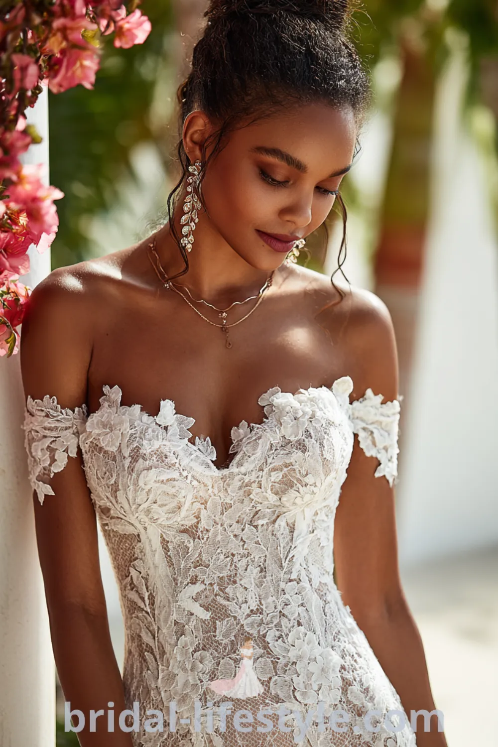 Boho flowery wedding dress with 3D floral appliques, romantic bohemian bridal gown, outdoor wedding ceremony, ethereal floral design.