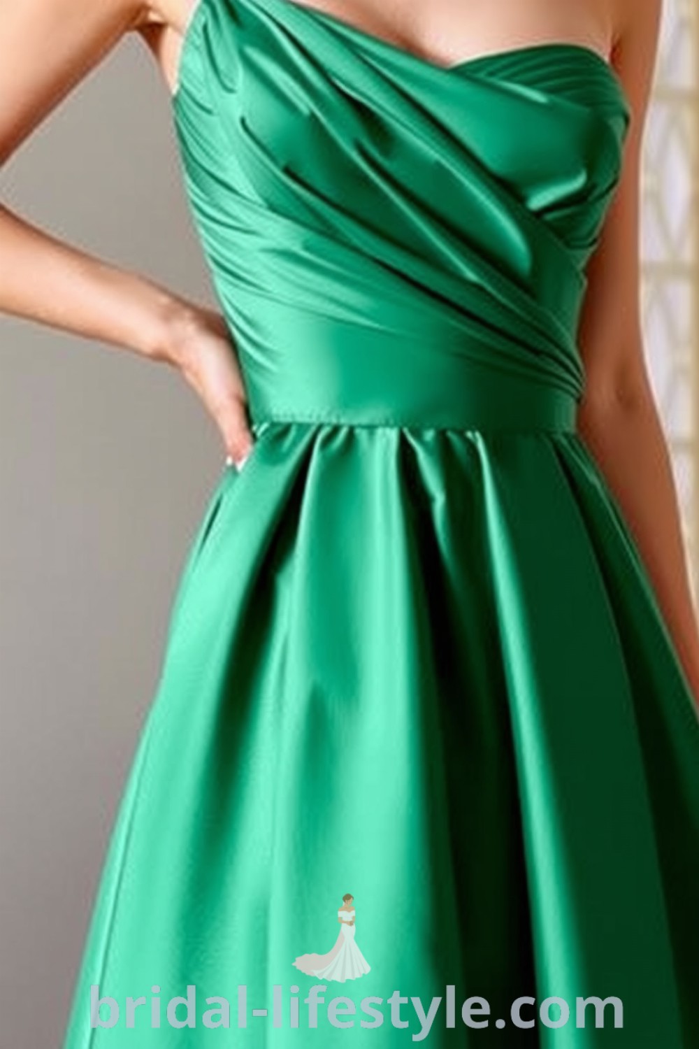 One-shoulder emerald bridesmaid dress in lush satin with fitted bodice and flowing silhouette, featuring a delicate strap for elegance. bridal-lifestyle.com