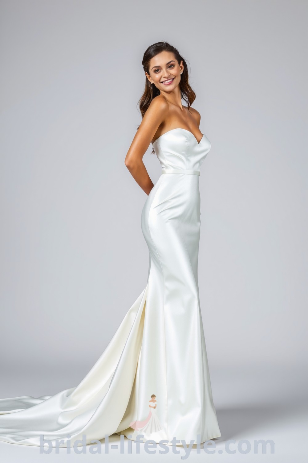Elegant satin mermaid wedding dress with a sweetheart neckline and a subtle train, designed to enhance the bride