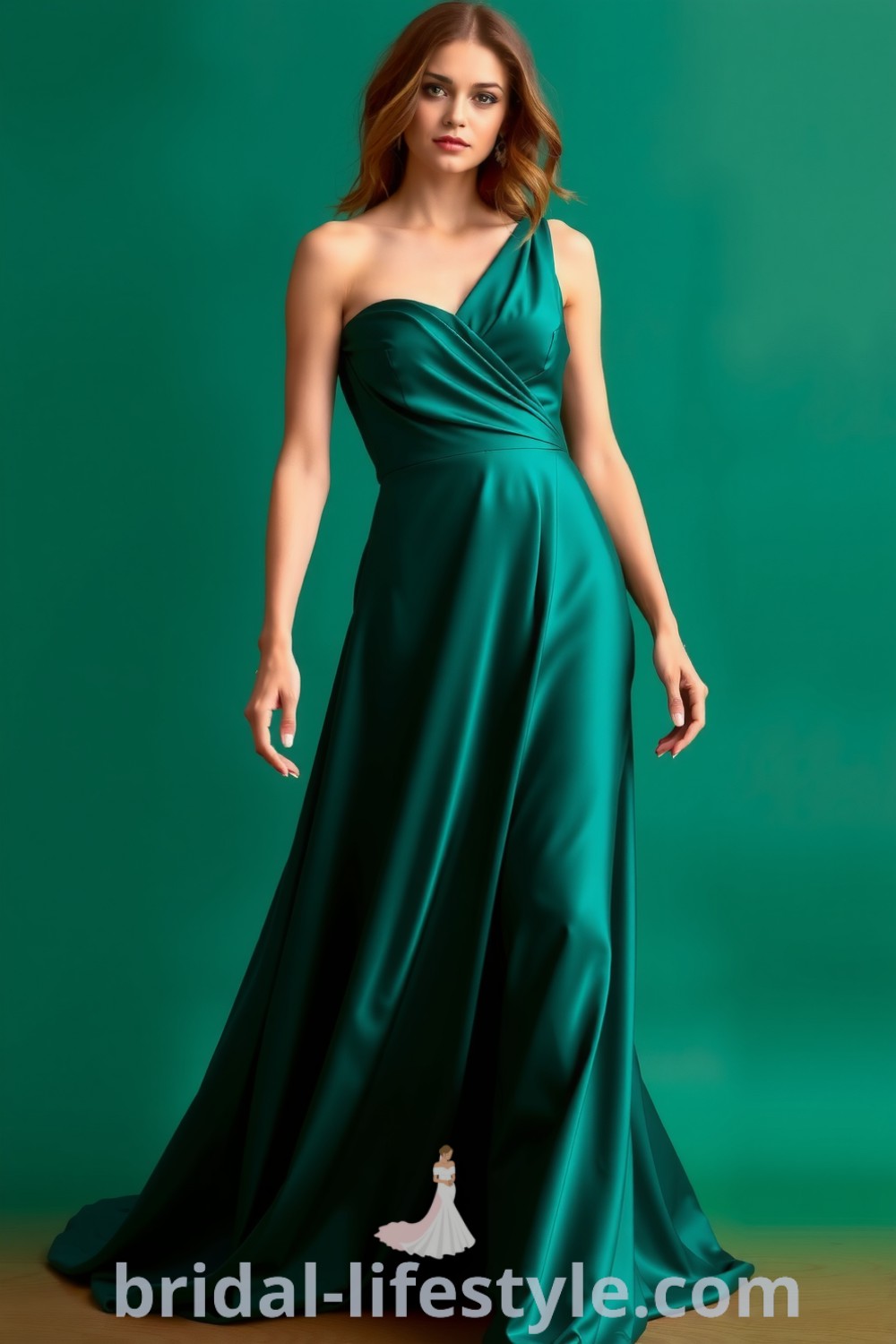 One-shoulder emerald bridesmaid dress in satin with a flowing skirt and pleating at the waist, designed for elegant occasions. bridal-lifestyle.com