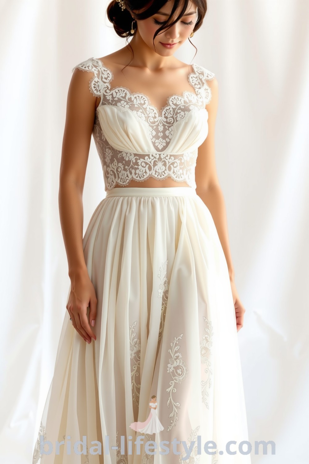 Boho two-piece wedding dress featuring a delicate lace crop top with scalloped edges and a flowing chiffon skirt with floral embroidery, ideal for dreamy brides. bridal-lifestyle.com