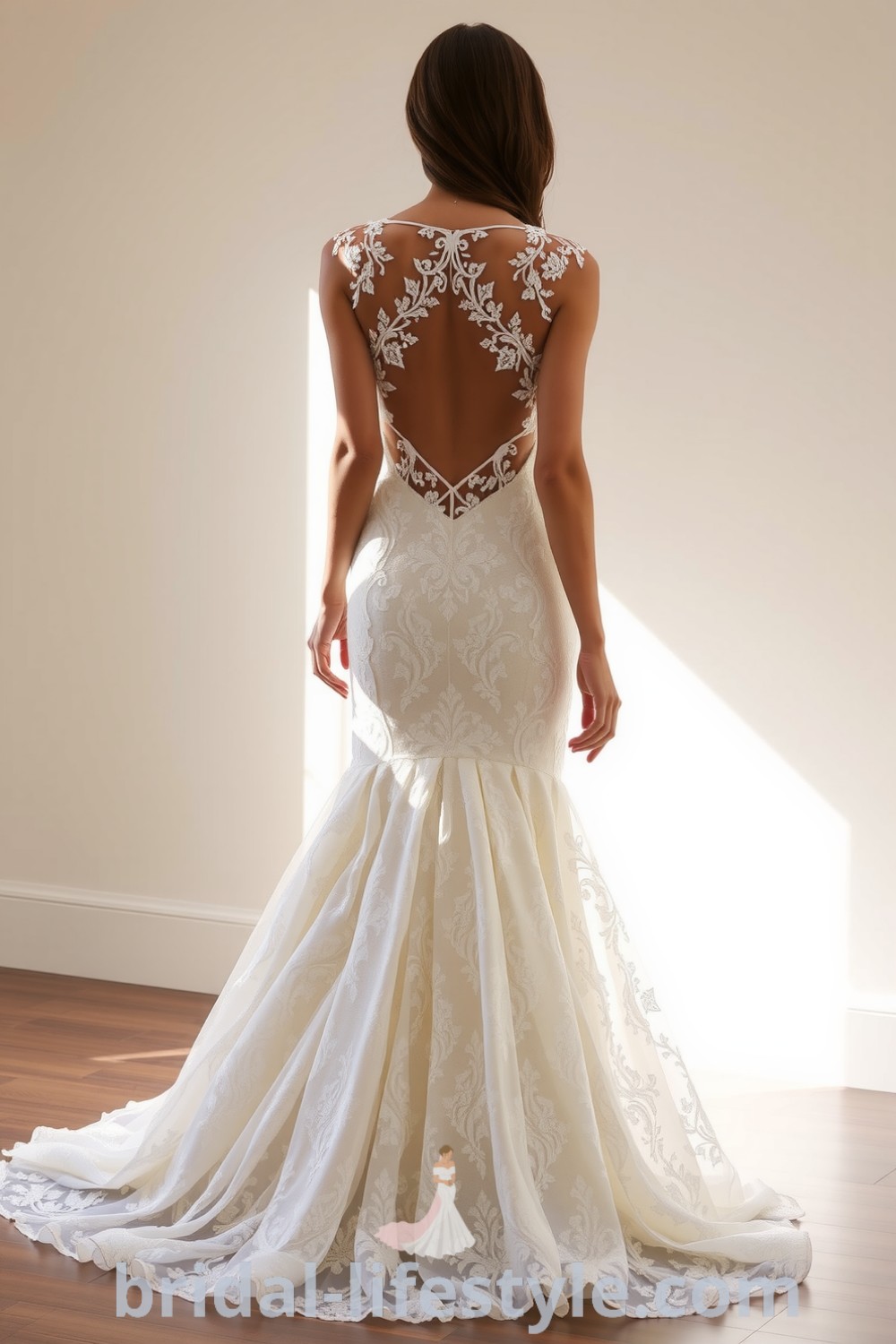 Mermaid wedding dress featuring luxurious lace, an open back with intricate embroidery, and a flaring silhouette at the knee, perfect for dreamy brides. bridal-lifestyle.com