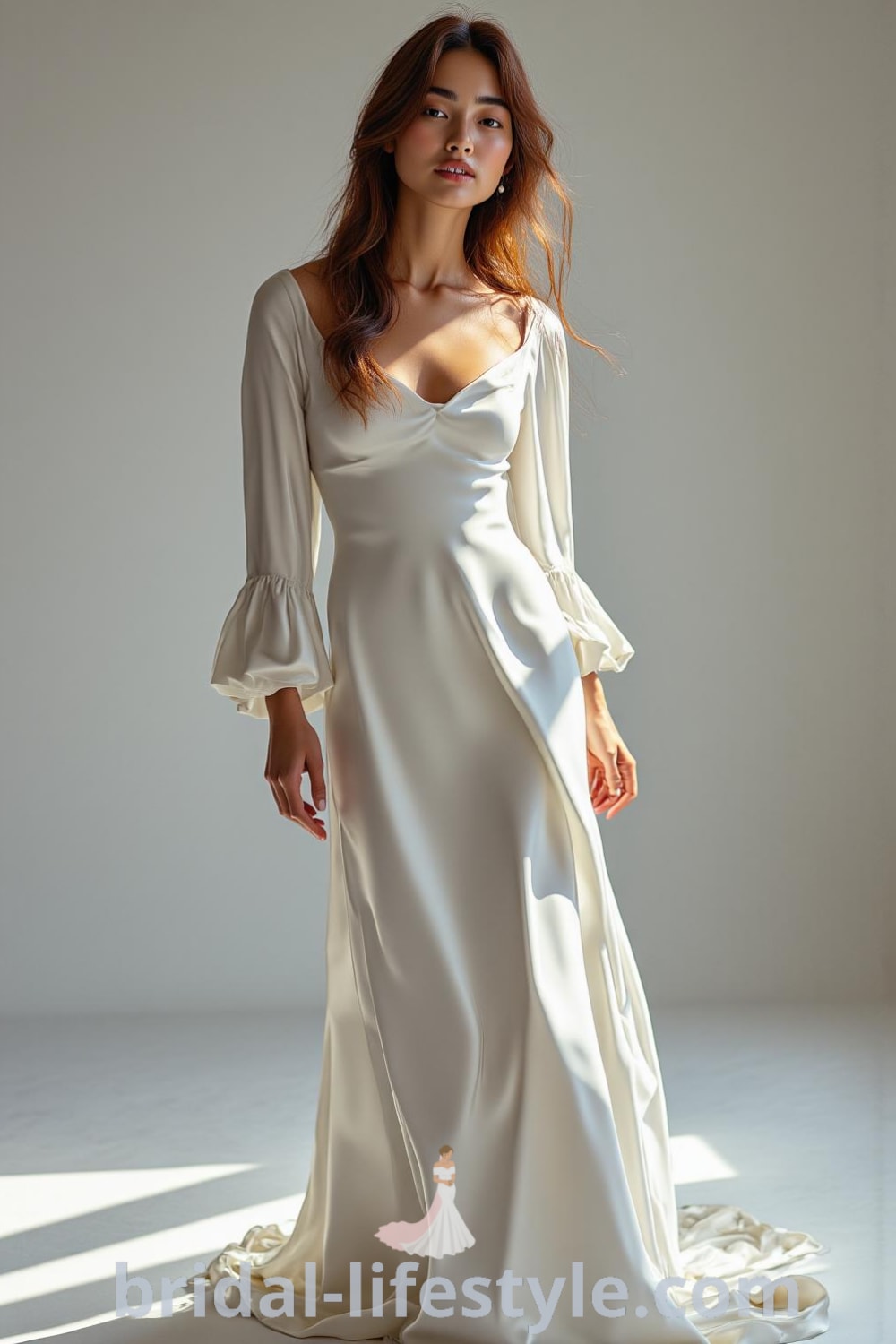 Minimalist wedding dress with a satin silhouette, boat neckline, long sleeves, and delicate train, showcasing elegant design elements. bridal-lifestyle.com