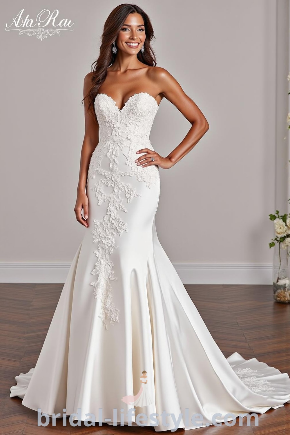 Mermaid wedding dress made of luxurious satin with sweetheart neckline, intricate lace appliqués, dramatic train, and sheer back with buttons. bridal-lifestyle.com