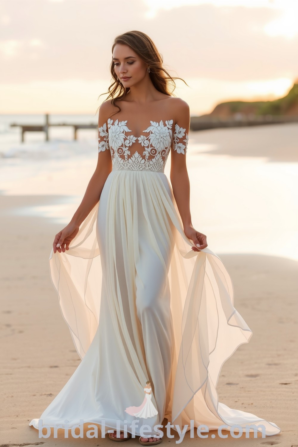 Boho beach wedding dress with flowing chiffon, off-the-shoulder neckline, floral lace appliqués, and delicate bead accents, perfect for dreamy brides on their special day. bridal-lifestyle.com