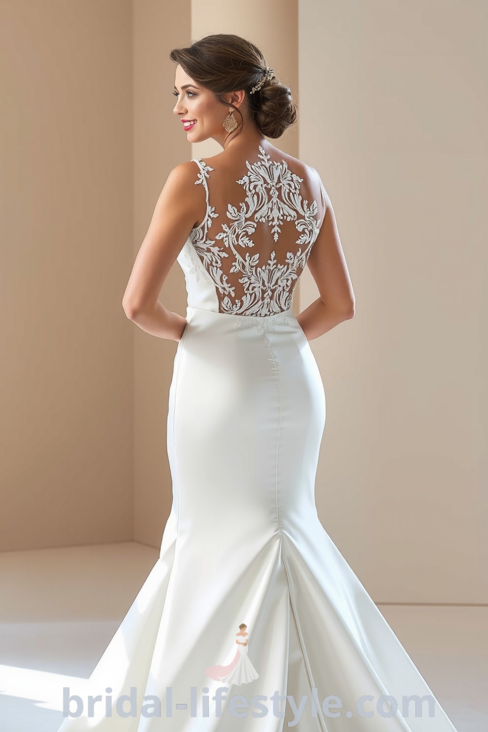 Fit and flare wedding dress made of luxurious satin with an open back and lace detailing, featuring a fitted bodice that flares at the knee for a stunning silhouette. bridal-lifestyle.com