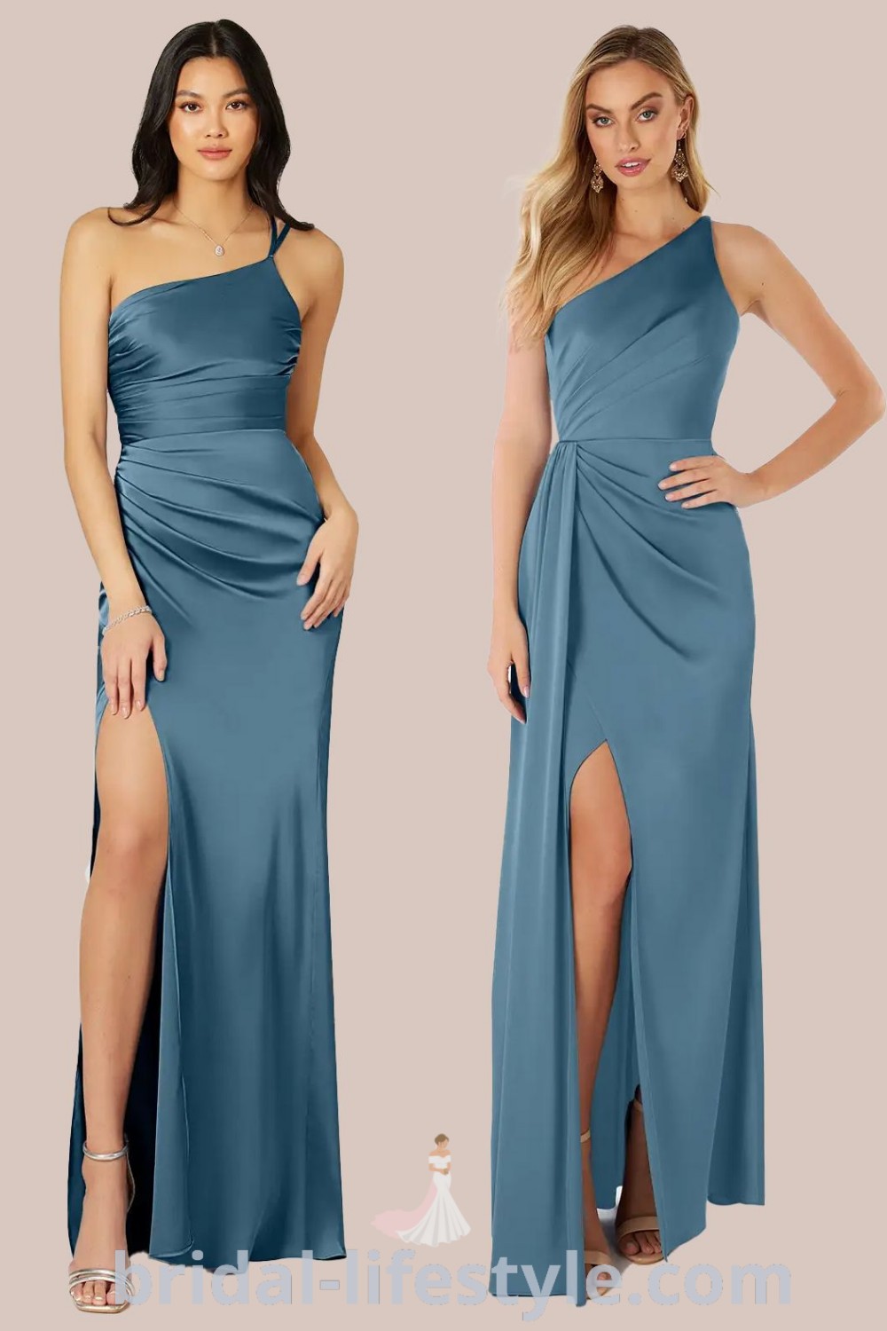 Three elegant Bermuda blue dresses with one side slit and the other side split open, perfect as Azazie Bermuda bridesmaid dresses for stylish bridal parties. Discover the latest trends and aesthetic ideas for every bride