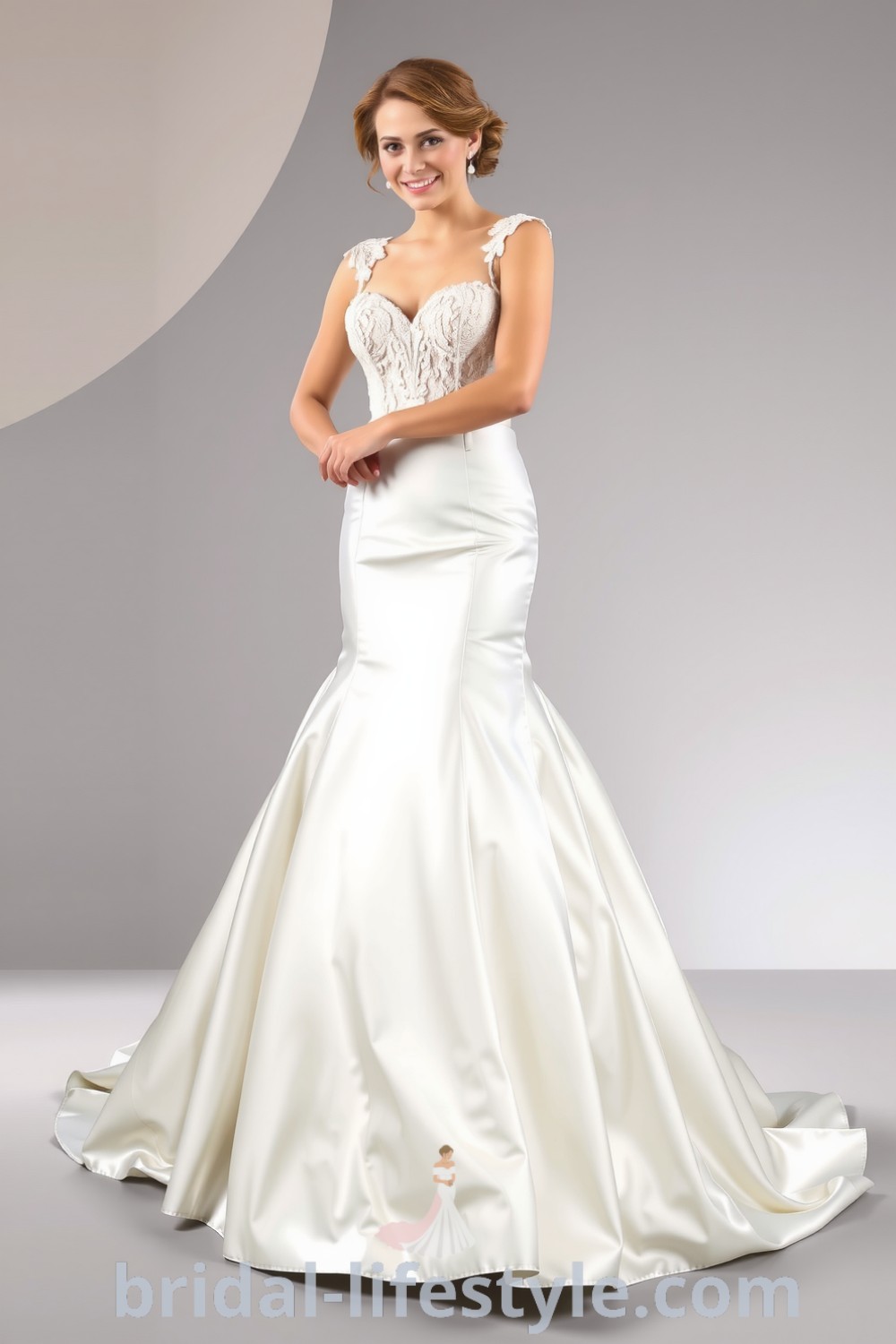 Fit and flare satin wedding dress with a sweetheart neckline, delicate lace appliqués, and a cascading skirt, showcasing elegance and sophistication for dreamy brides. bridal-lifestyle.com