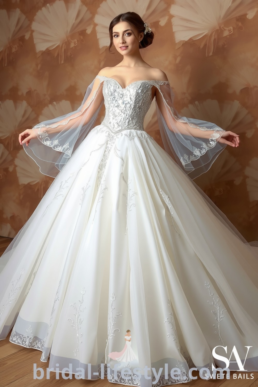 Elegant princess wedding dress with layers of tulle, sweetheart neckline, fitted bodice adorned with sequins, airy sleeves, and a magnificent train, perfect for dreamy brides. bridal-lifestyle.com