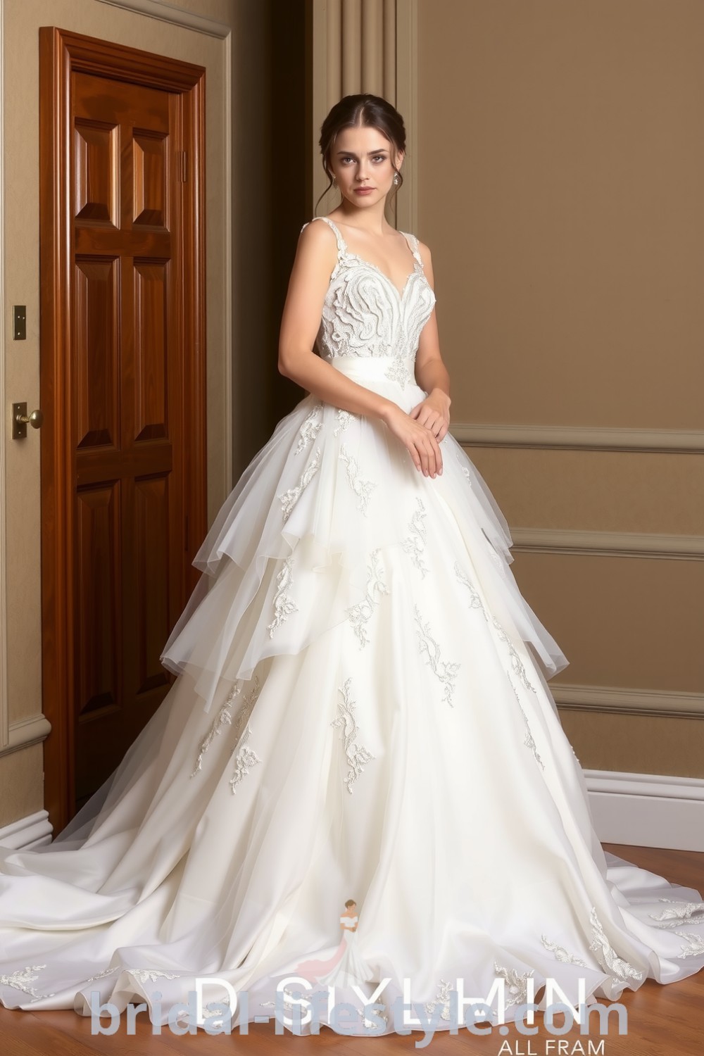 Stunning princess-style wedding dress with layers of satin, lace appliqués, and a voluminous tulle skirt, designed for dreamy brides looking for inspiration on their special day. bridal-lifestyle.com