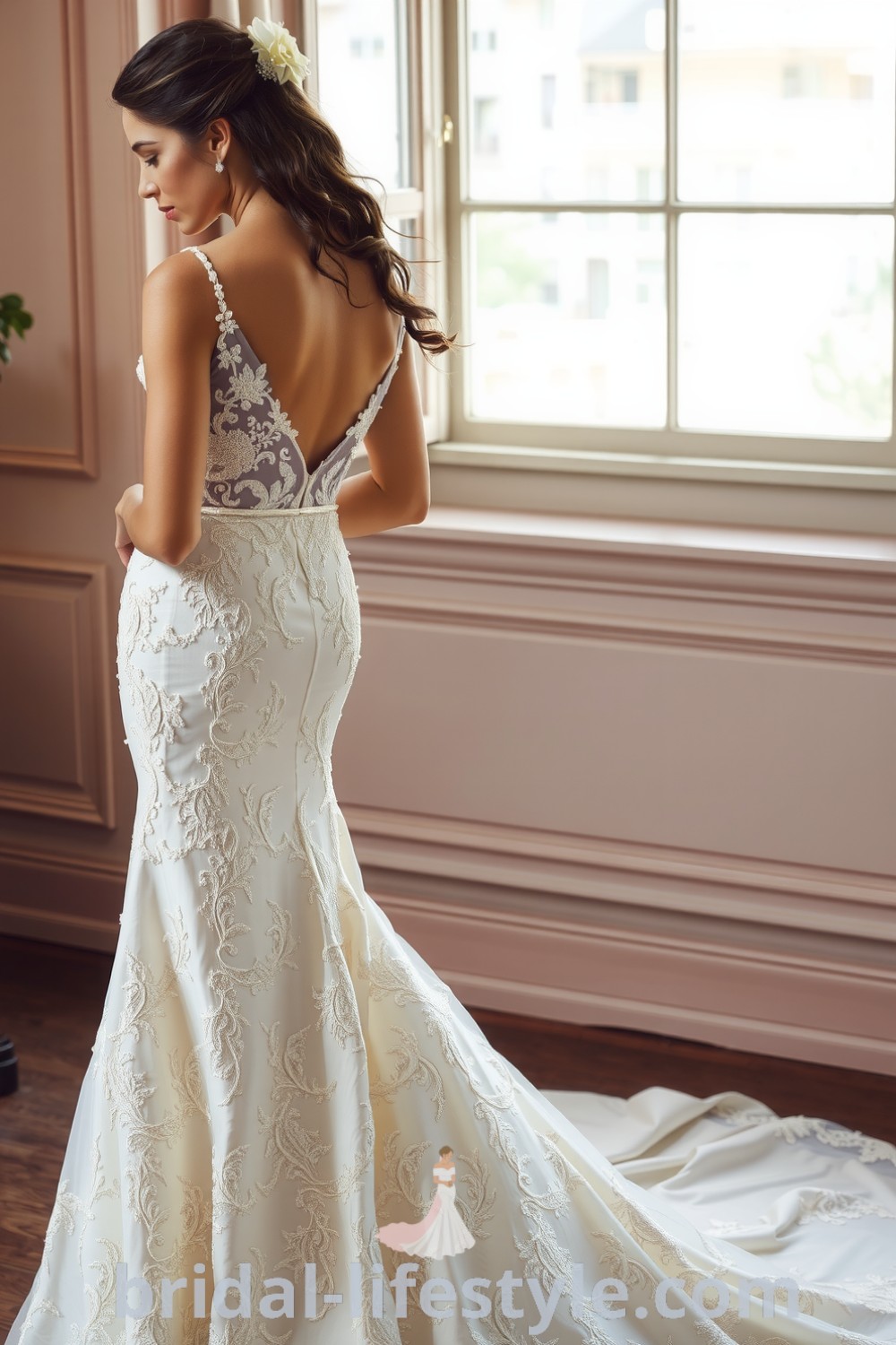 Fit and flare wedding dress in beaded lace with intricate overlay, subtle glimmer, and cascading train. bridal-lifestyle.com