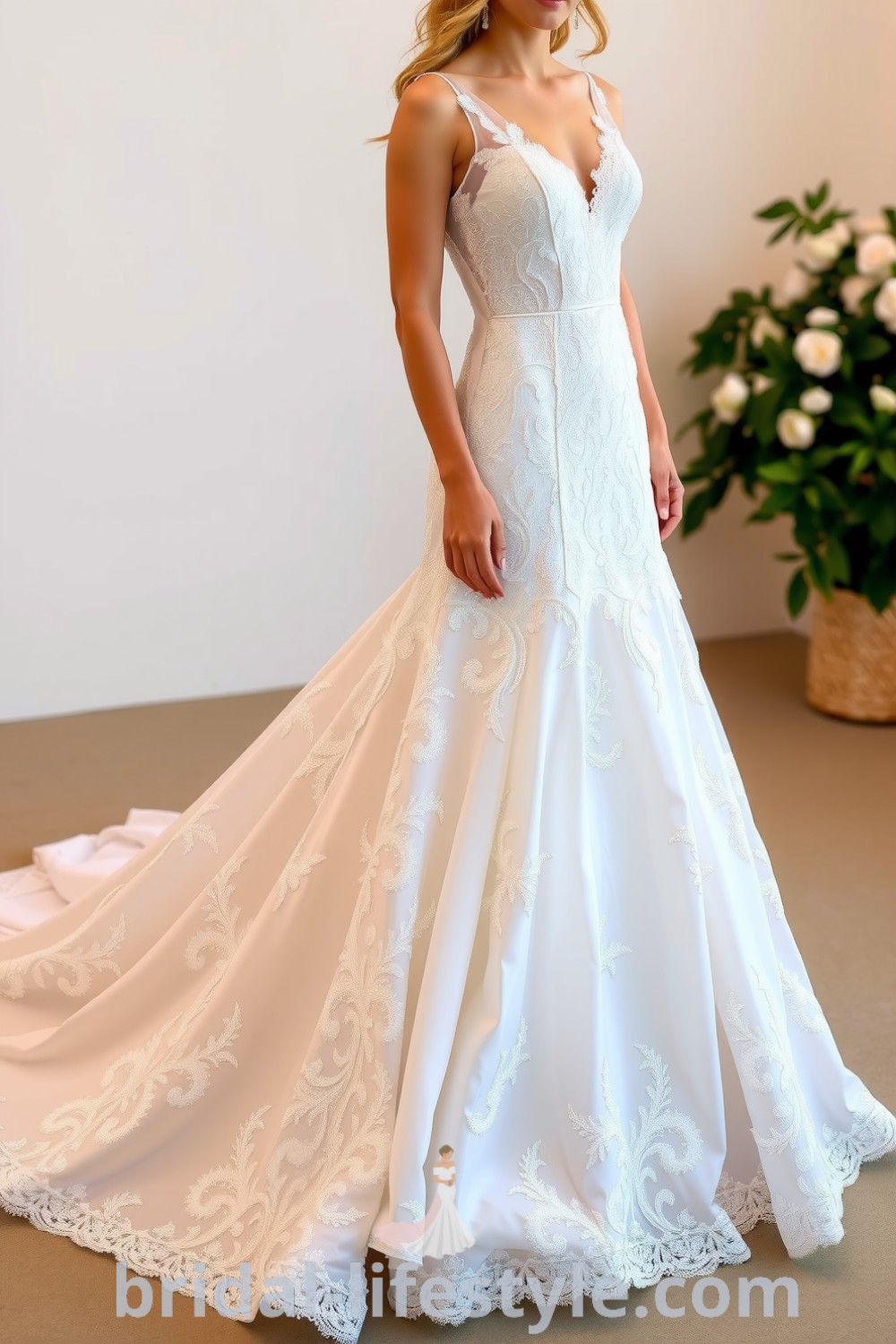 Elegant fit and flare wedding dress featuring intricate beaded lace, flaring at the knees, and layered lace details, perfect for a romantic celebration. bridal-lifestyle.com