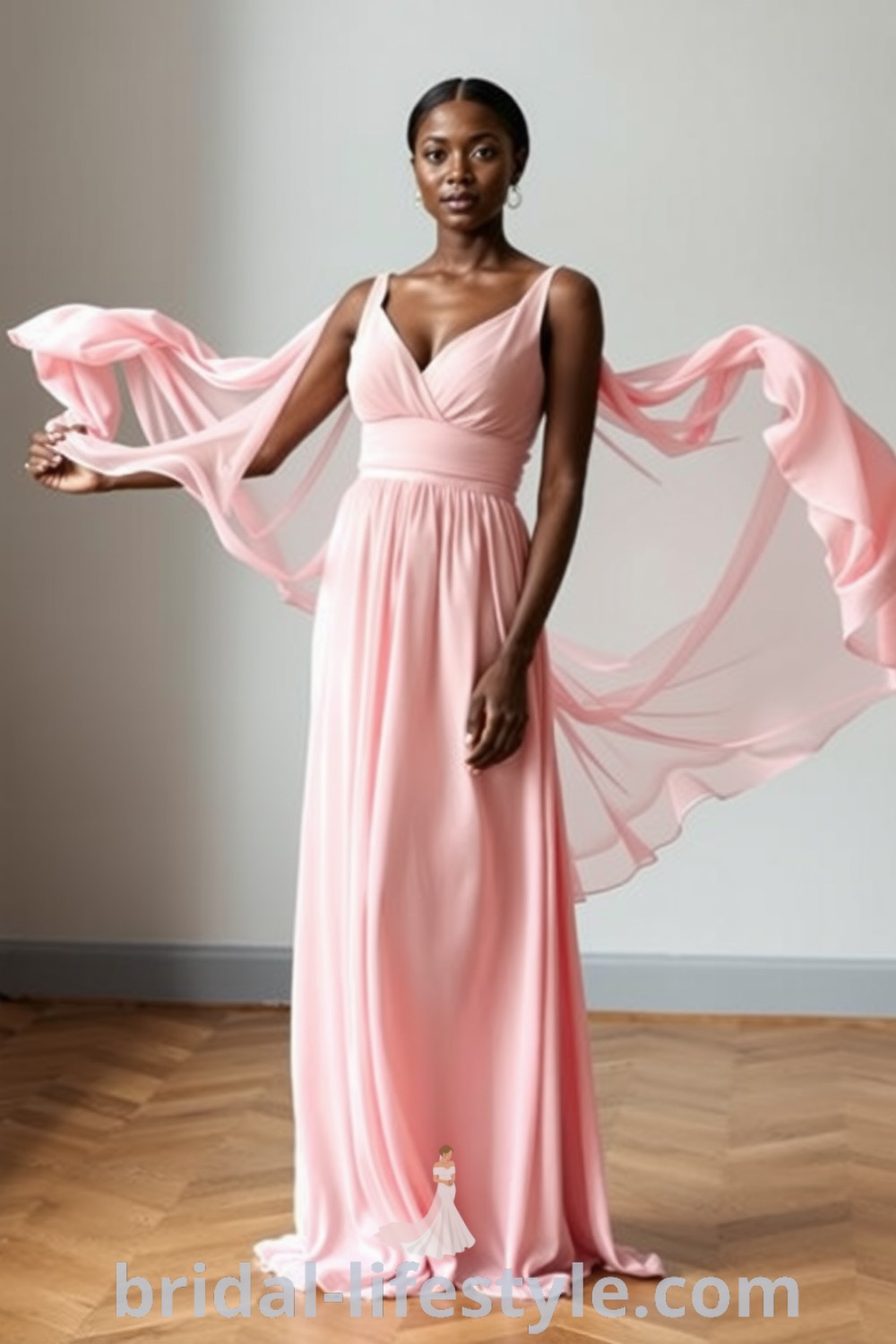 Beautiful Black bride in a long chiffon A-line pink bridesmaid dress on bridal-lifestyle.com, showcasing dresses of your dream and dreamy aesthetic ideas for every bride