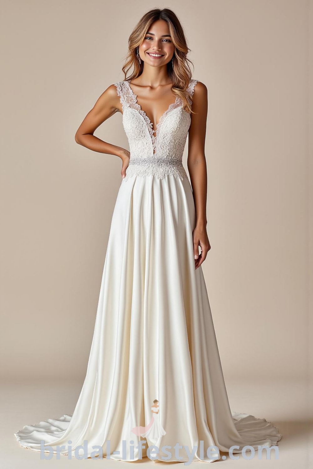 A-line wedding dress with delicate lace bodice, flowing satin skirt, V-neckline, and intricate waist embroidery, designed for a radiant bridal look. bridal-lifestyle.com