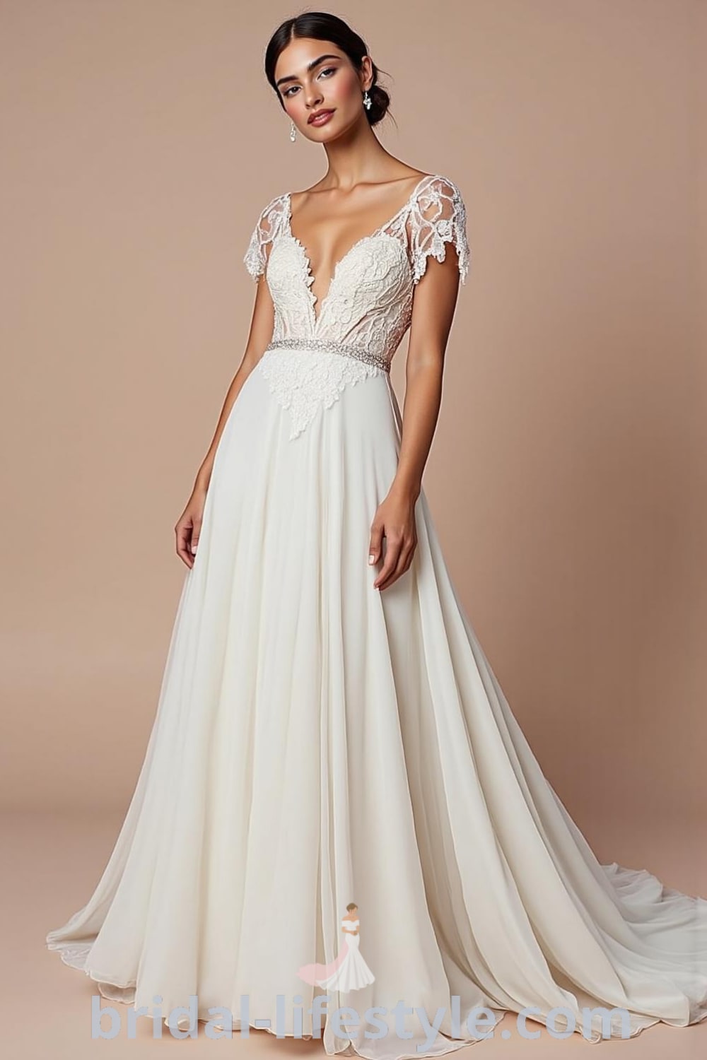A-line wedding dress with cap sleeves, luxurious satin fabric, intricate lace appliqués on the bodice and skirt, and a modest train, perfect for a fairytale wedding. bridal-lifestyle.com