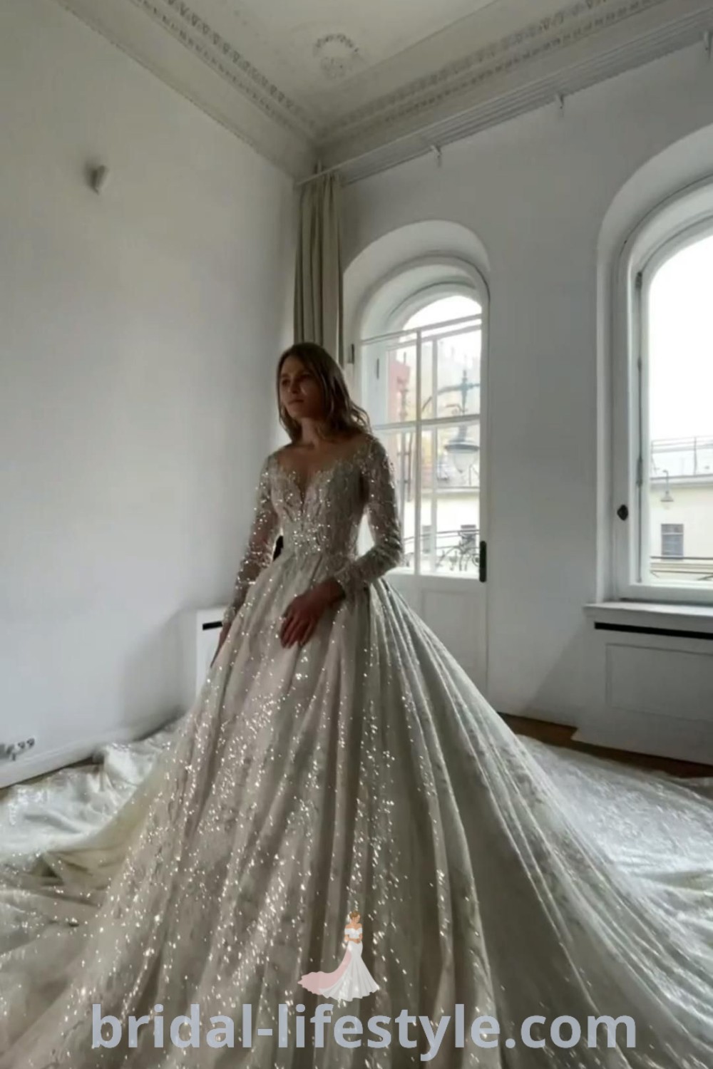 A glamorous wedding ball gown featuring satin sparkly details and glittery accents, ideal for brides seeking inspiration looks for their special day. Discover dresses that cater to every bride
