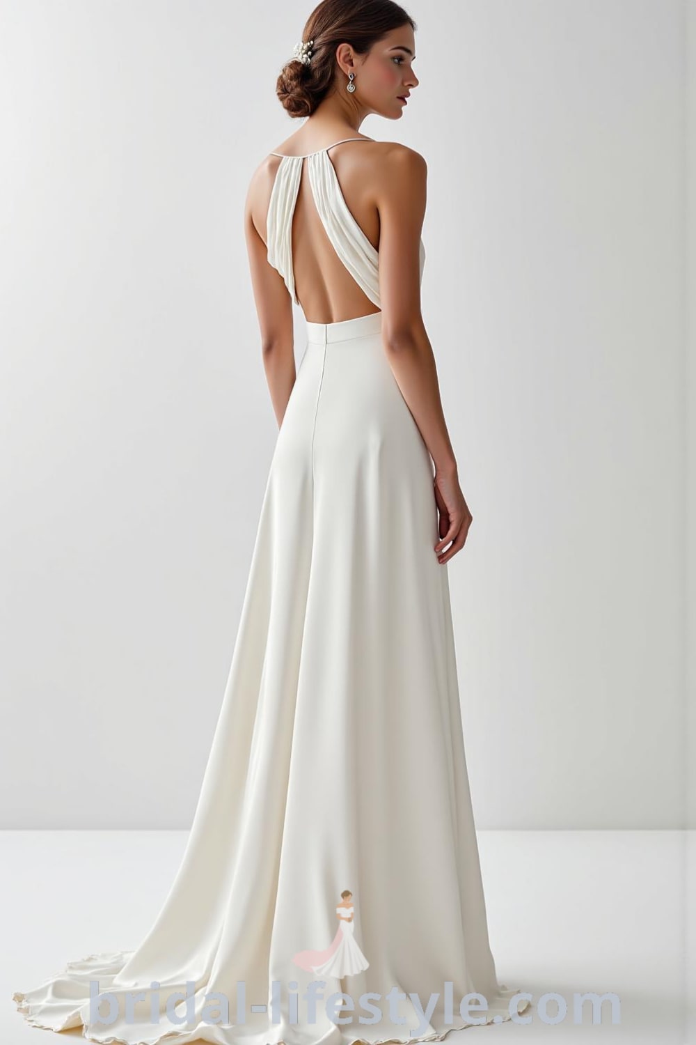 Minimalist satin wedding dress with a sleek column silhouette, boat neckline, extended sleeves, and a delicate keyhole back detail. bridal-lifestyle.com