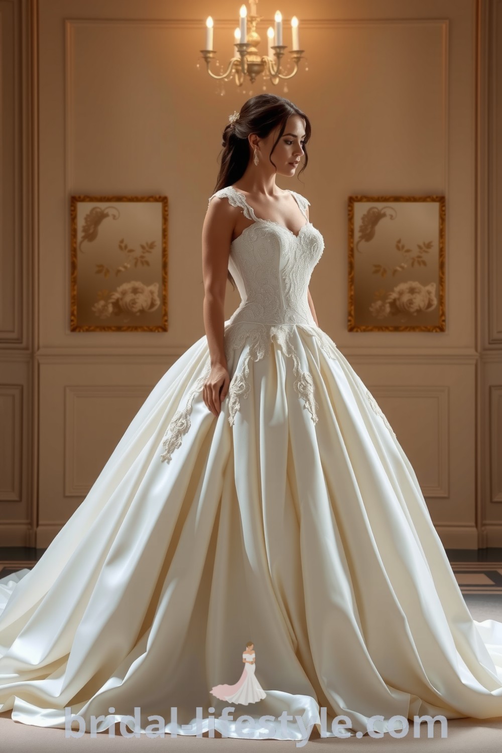 Elegant princess ballgown with satin and lace layers, featuring a structured bodice with intricate lace appliqués and a voluminous skirt for a fairytale wedding. bridal-lifestyle.com
