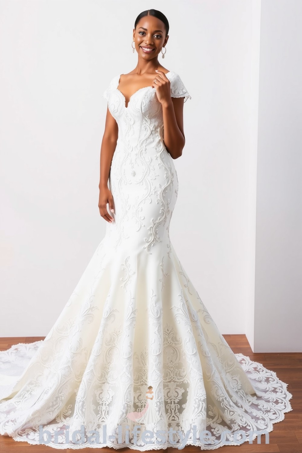 A stunning fit and flare bridal gown with intricate beaded lace, sweetheart neckline, and delicate cap sleeves, featuring a flared skirt that enhances movement. bridal-lifestyle.com