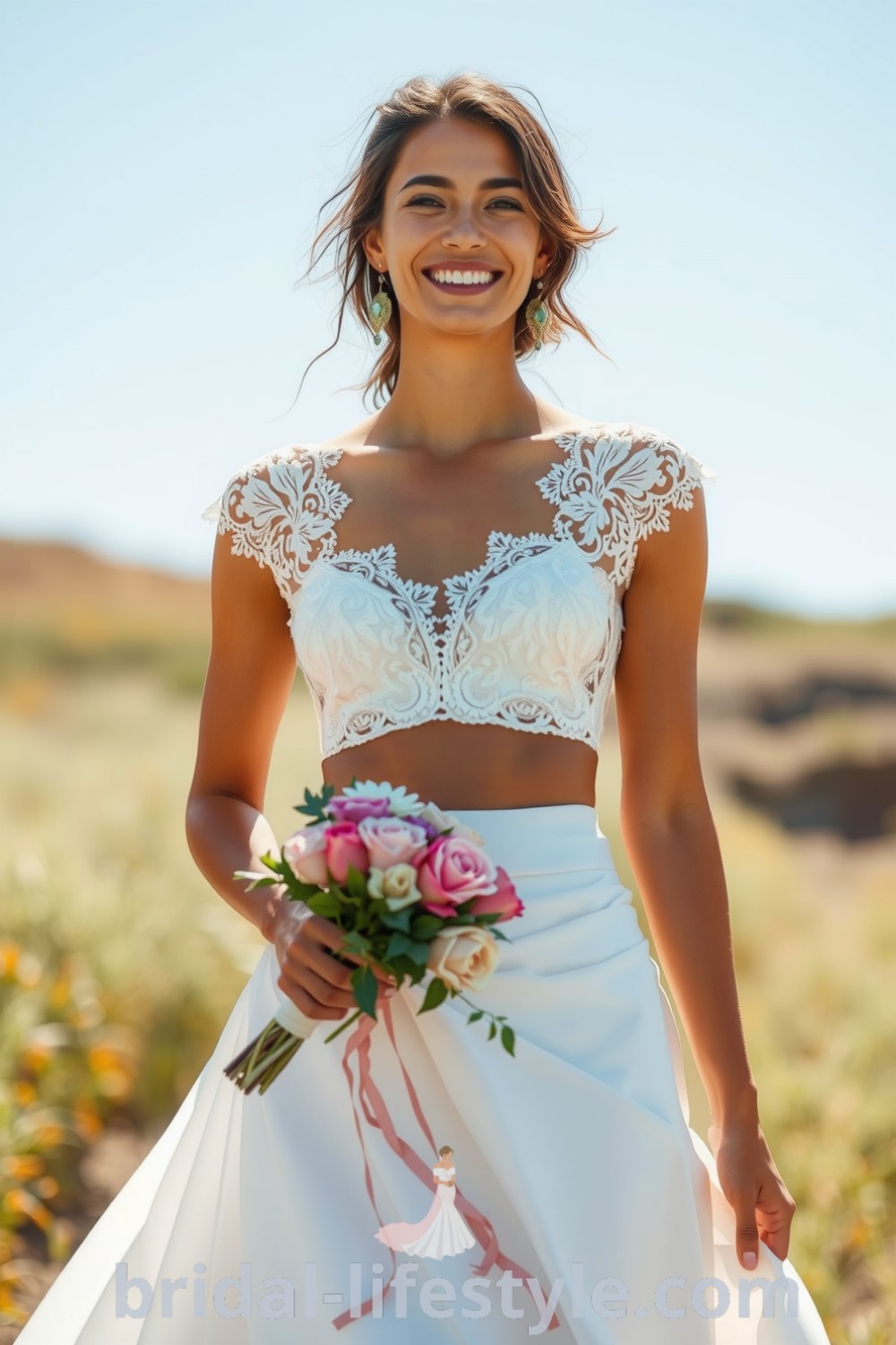 A radiant bride wearing a stunning boho two-piece wedding dress with a lace crop top and flowing satin maxi skirt, adorned with floral embroidery. bridal-lifestyle.com