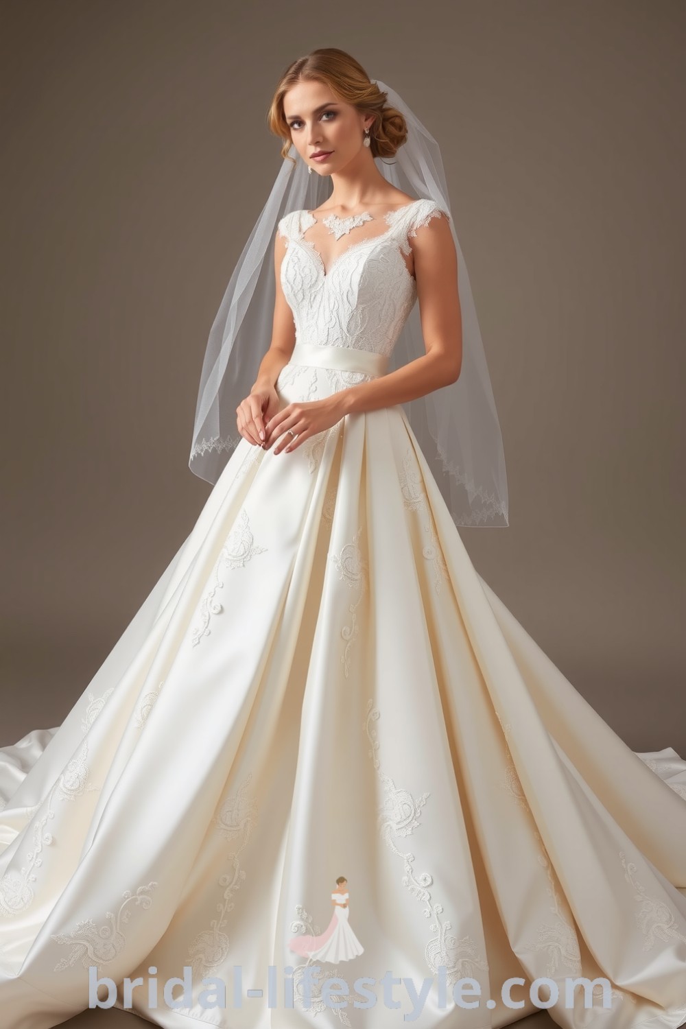 Princess-style wedding dress with luxurious satin and tulle, fitted bodice with lace appliqués, voluminous skirt, and a delicate sweep train, embodying elegance and romance for dreamy brides. bridal-lifestyle.com
