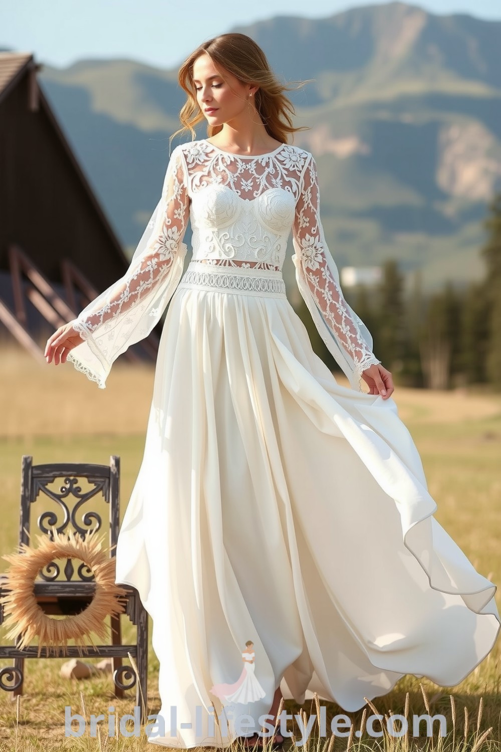 Ethereal two-piece wedding dress with a lace top, flowing sleeves, and a soft chiffon skirt, designed for an outdoor ceremony. bridal-lifestyle.com