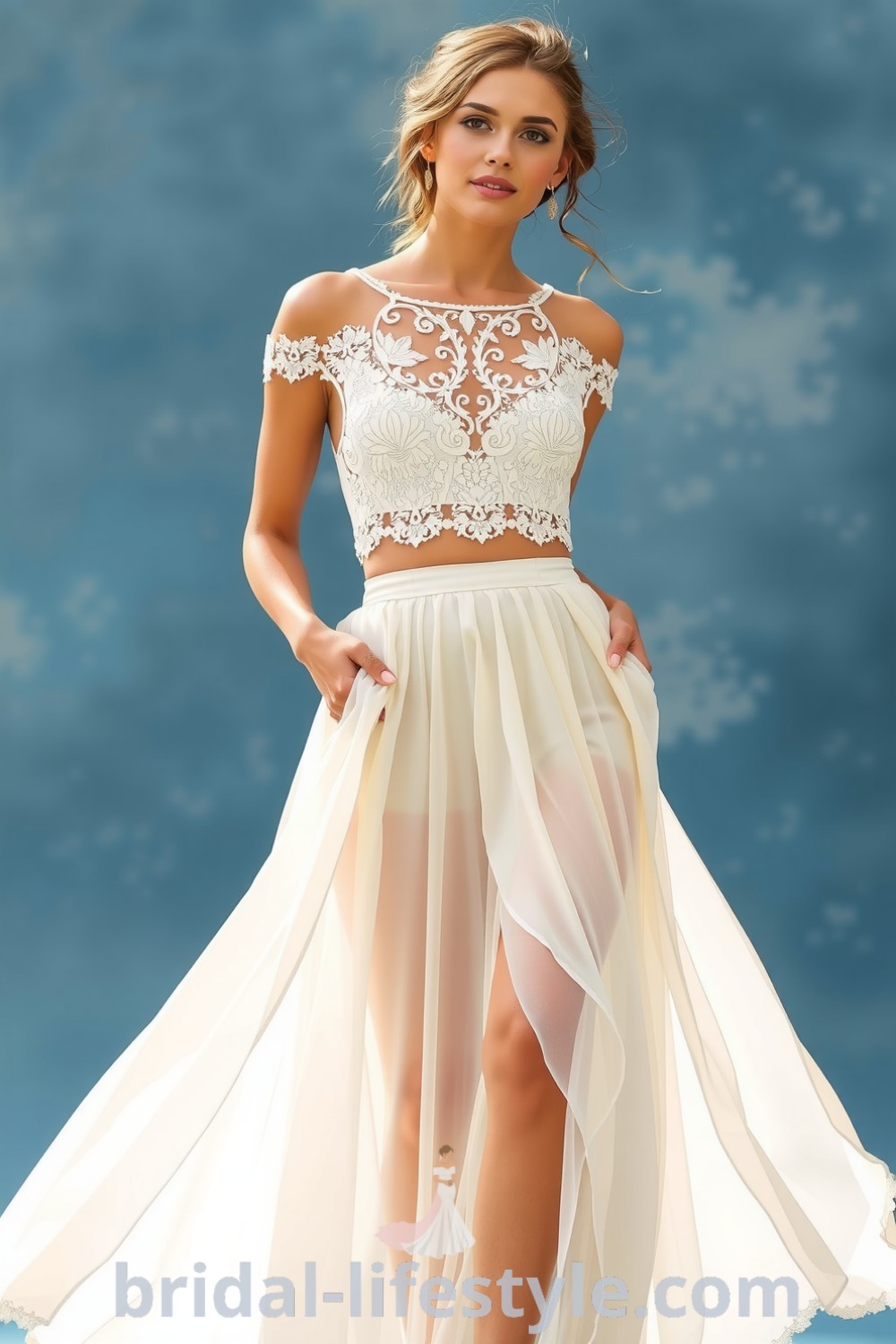 Two-piece boho wedding dress with lace crop top, delicate cut-outs, and flowing chiffon skirt for elegant movement, ideal for rustic outdoor celebrations. bridal-lifestyle.com