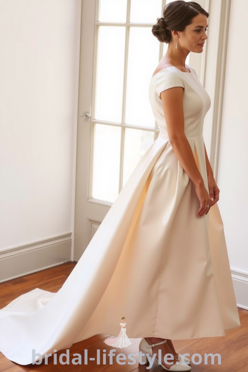 Chic short wedding dress with sleek satin silhouette, delicate boat neckline, subtle cap sleeves, and playful flared skirt. bridal-lifestyle.com
