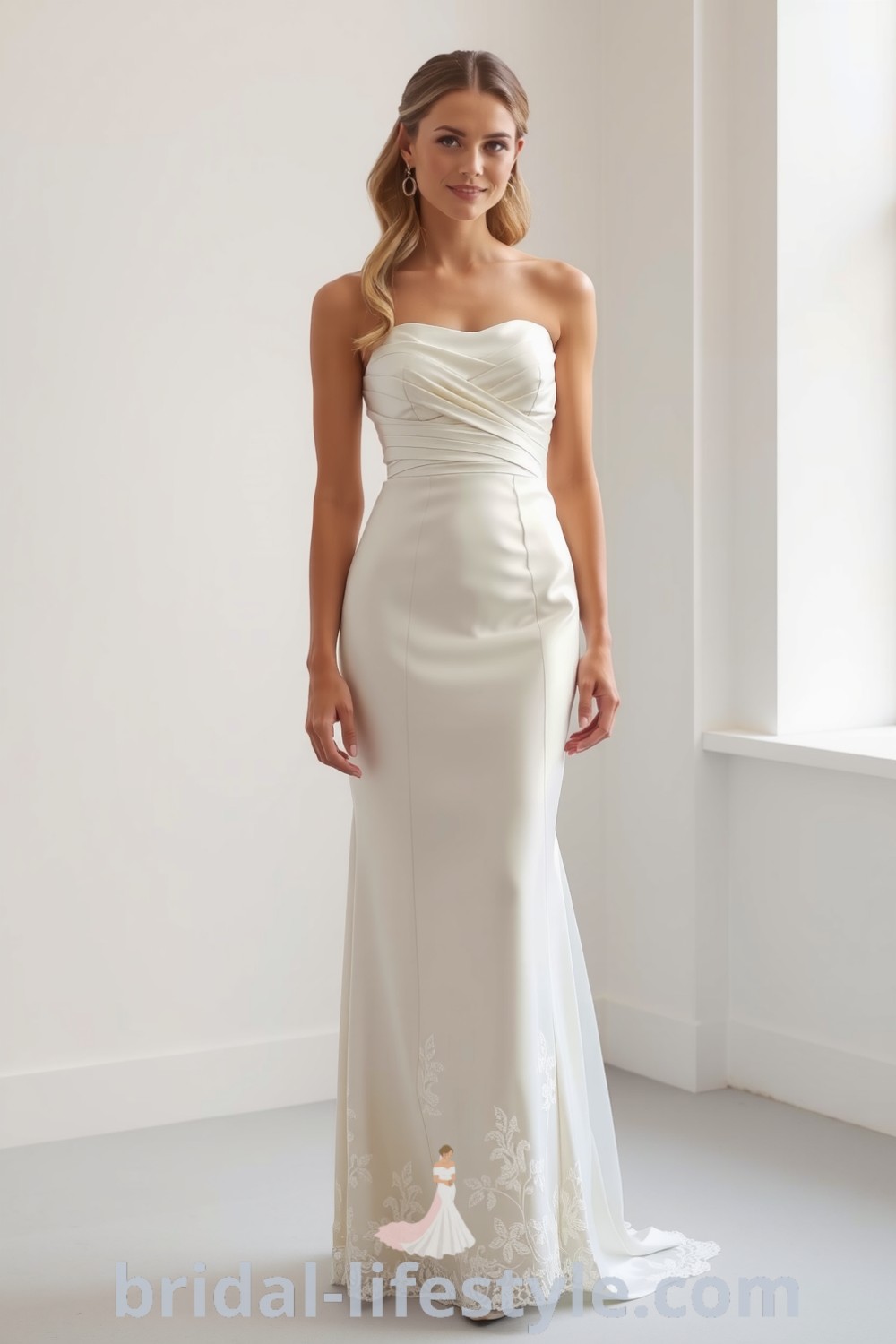 Fit and flare satin wedding dress with ruching bodice, lace appliqués, and a graceful silhouette, perfect for modern brides. bridal-lifestyle.com