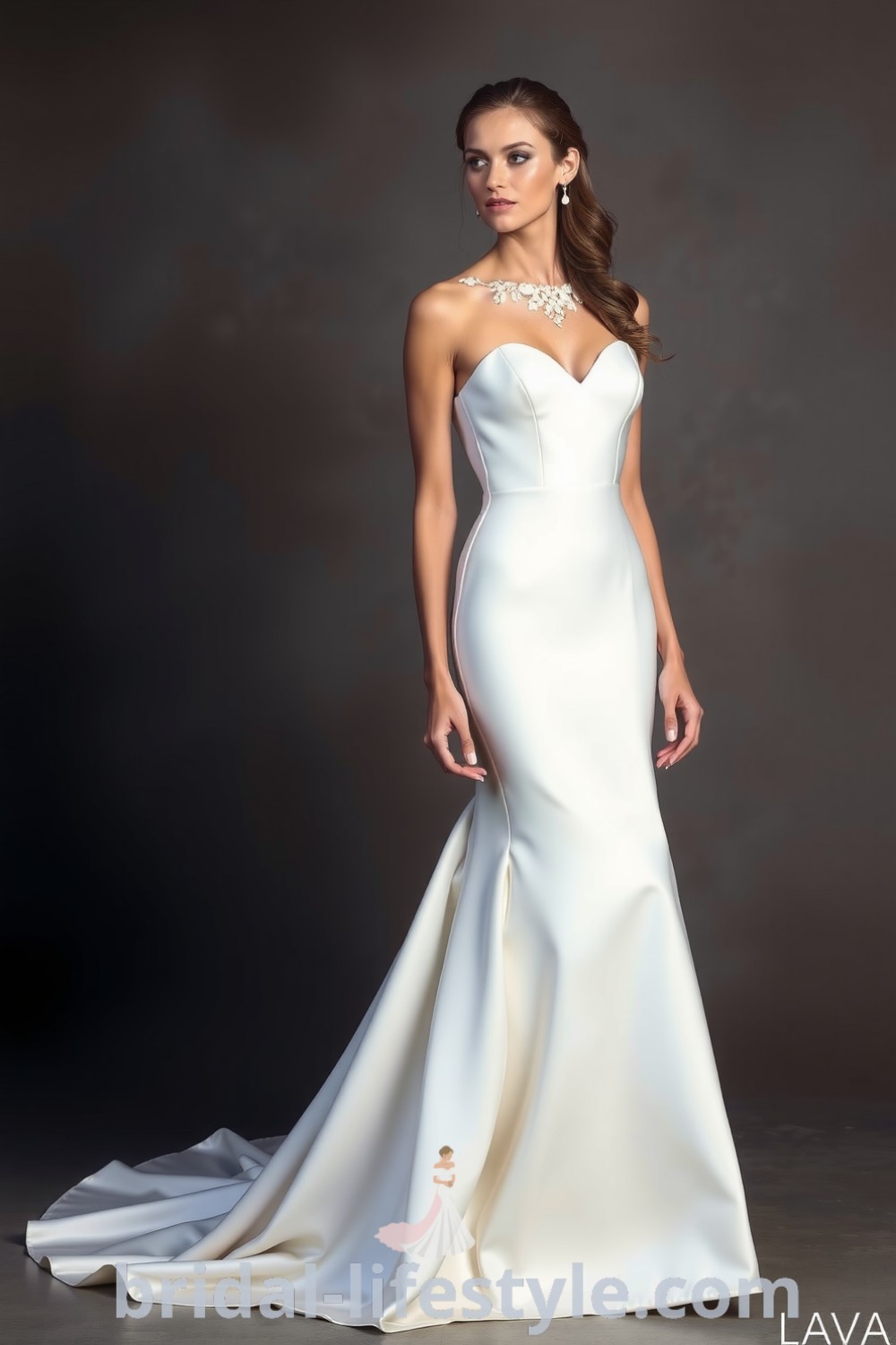 Elegant fit and flare satin wedding dress with intricate lace detailing along the neckline, designed for dreamy brides seeking the best aesthetic ideas for their special day. bridal-lifestyle.com
