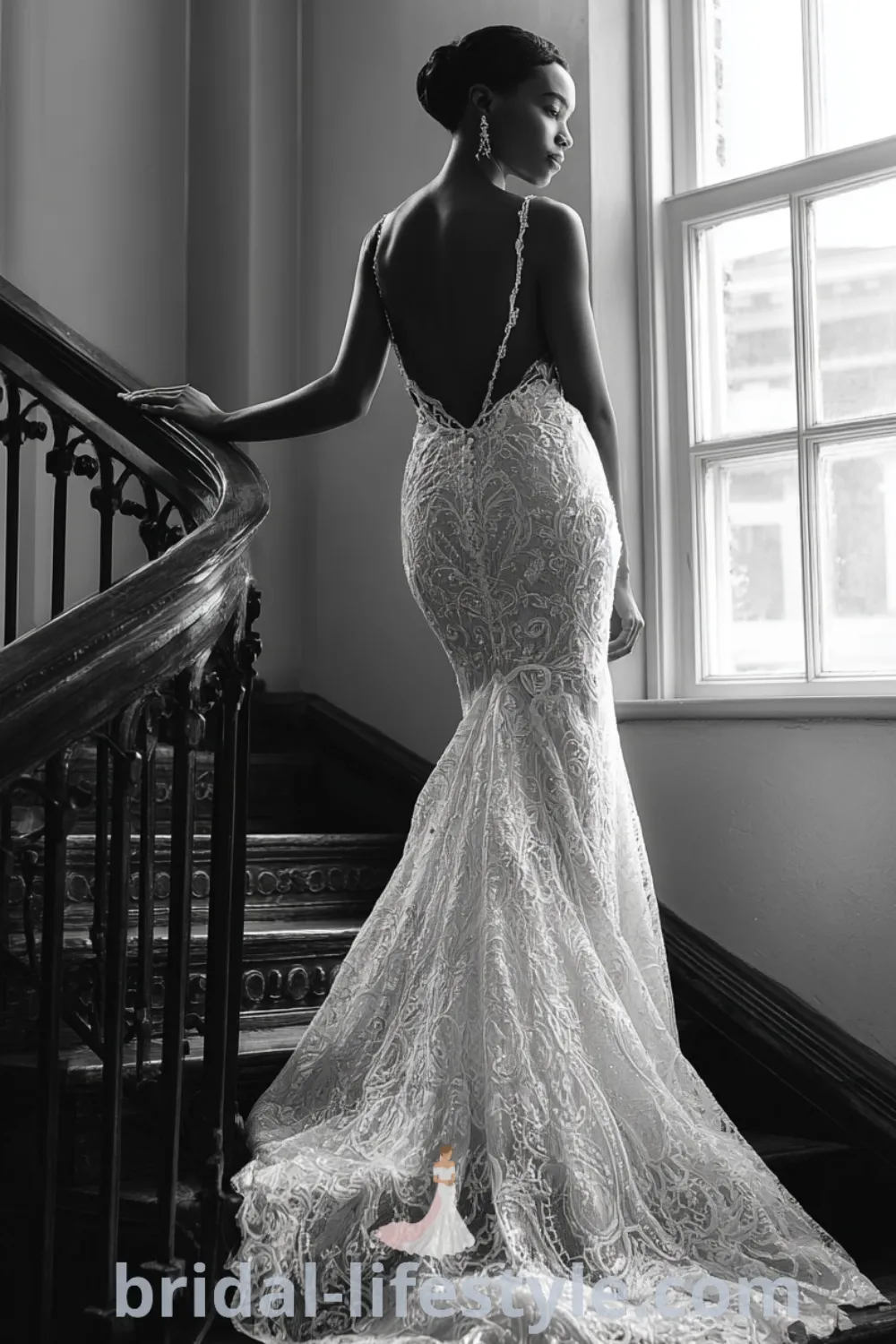Stunning mermaid lace wedding dress with fitted silhouette, sweeping train, luxurious wedding details, vintage-inspired lace patterns.