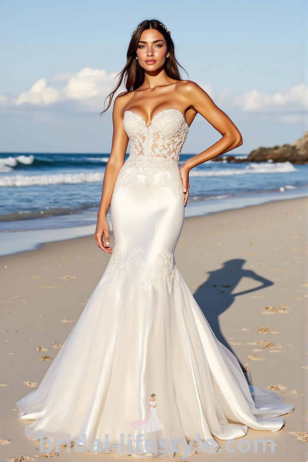 Mermaid wedding dress made of luxurious satin with a strapless neckline, form-fitting silhouette, dramatic tulle train, and intricate lace appliqués. bridal-lifestyle.com