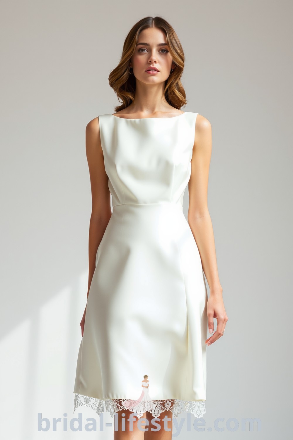 Minimalist short wedding dress featuring an A-line silhouette, smooth satin fabric, boat neckline, and delicate lace trim at the hem. bridal-lifestyle.com