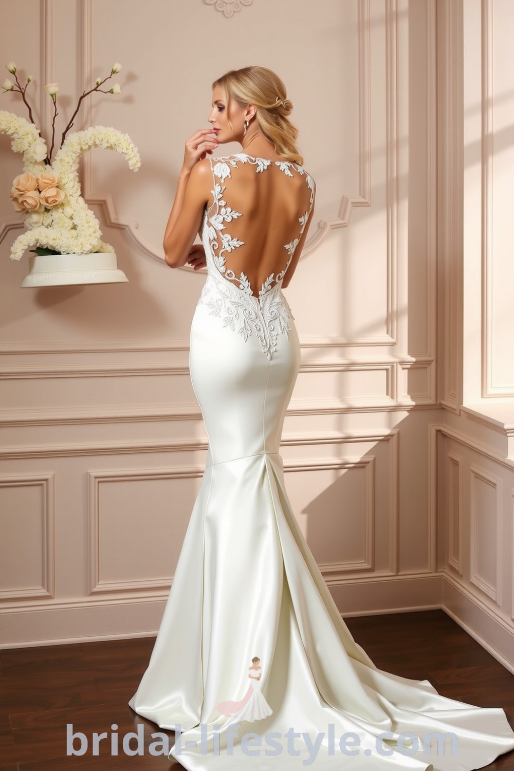 Elegant mermaid wedding dress with open back, luxurious lace and satin, floral appliqués, flowing train, designed for dreamy brides. bridal-lifestyle.com