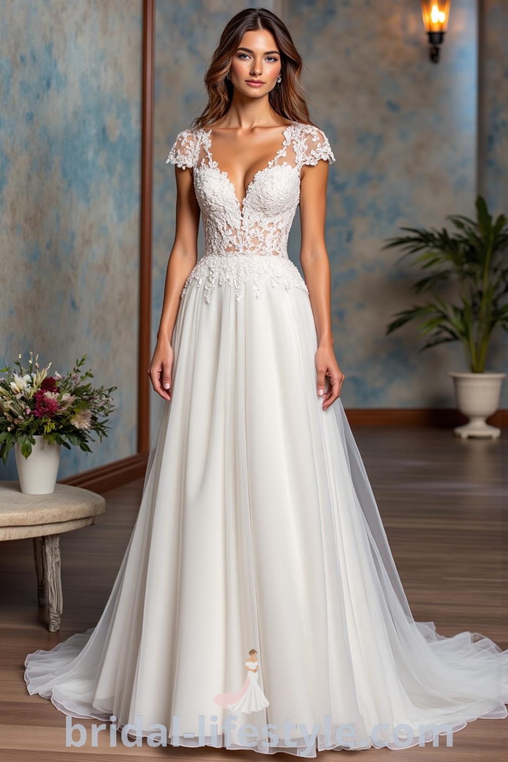 A-line wedding dress with sweetheart neckline, intricate lace detailing, layers of soft tulle skirt, and delicate floral appliqués. bridal-lifestyle.com