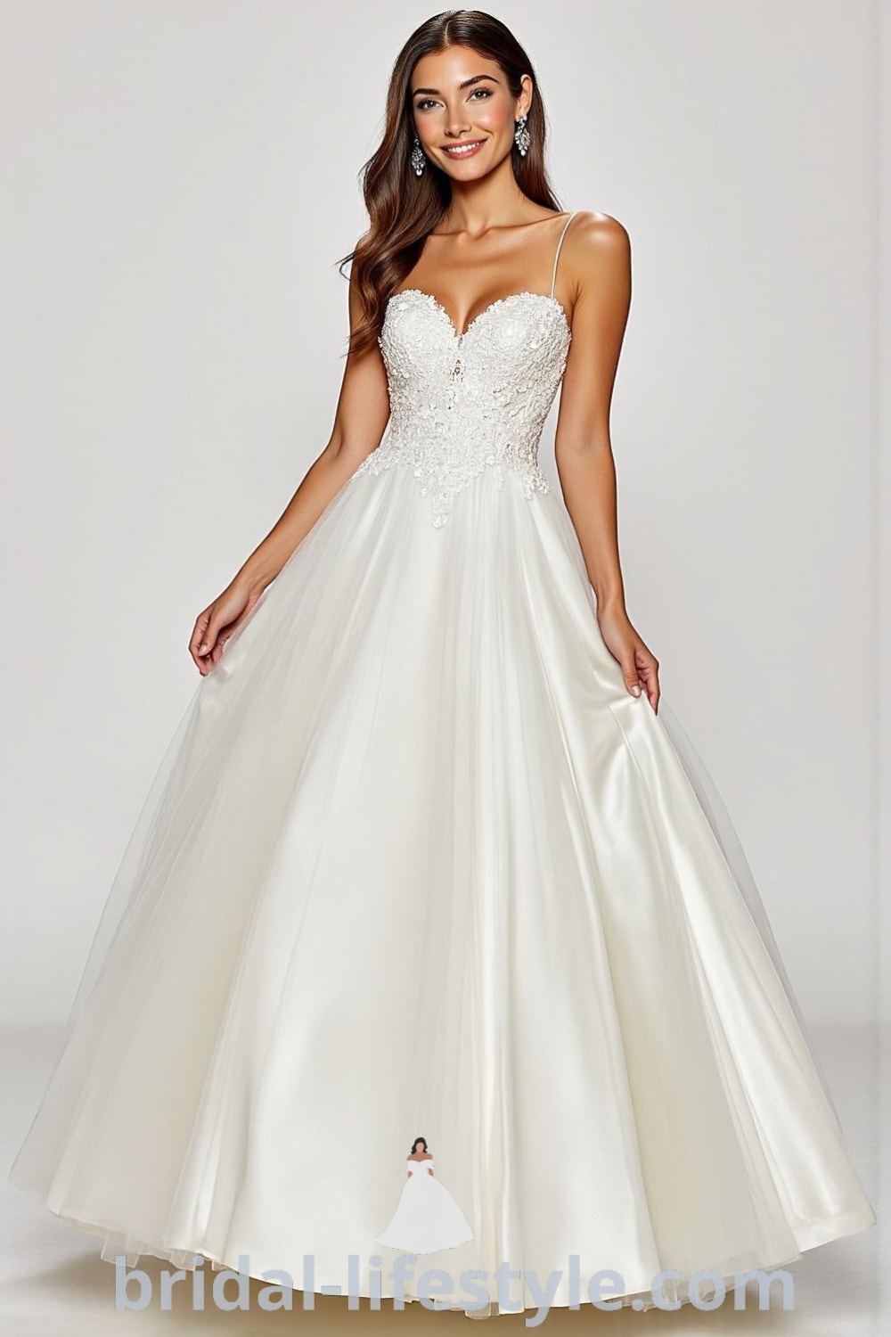 Princess Classy wedding dress featuring a full ball gown silhouette in luxurious satin, sweetheart neckline with lace appliqués, layered tulle, and a button-back detail. bridal-lifestyle.com