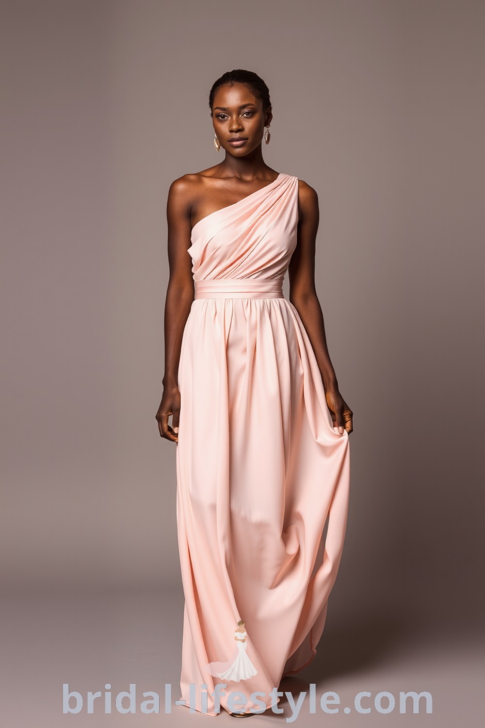 One-shoulder pink bridesmaid dress made from flowing chiffon with delicate pleating and a gathered skirt, perfect for every bride