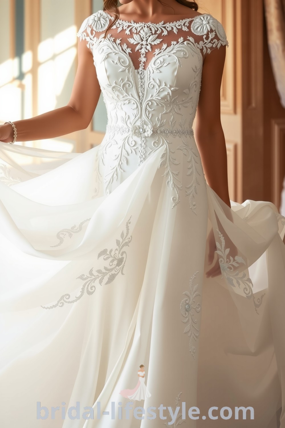 The image depicts a fit and flare wedding dress featuring a beaded lace overlay, fitted bodice, and flared skirt, showcasing intricate lace detailing and shimmering embellishments. bridal-lifestyle.com